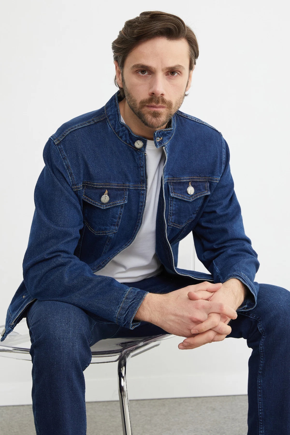 Genel Markalar  Denım Kot Ceket - Lacivert Slim Fit Erkek Denım Kot Ceket - Görsel 4