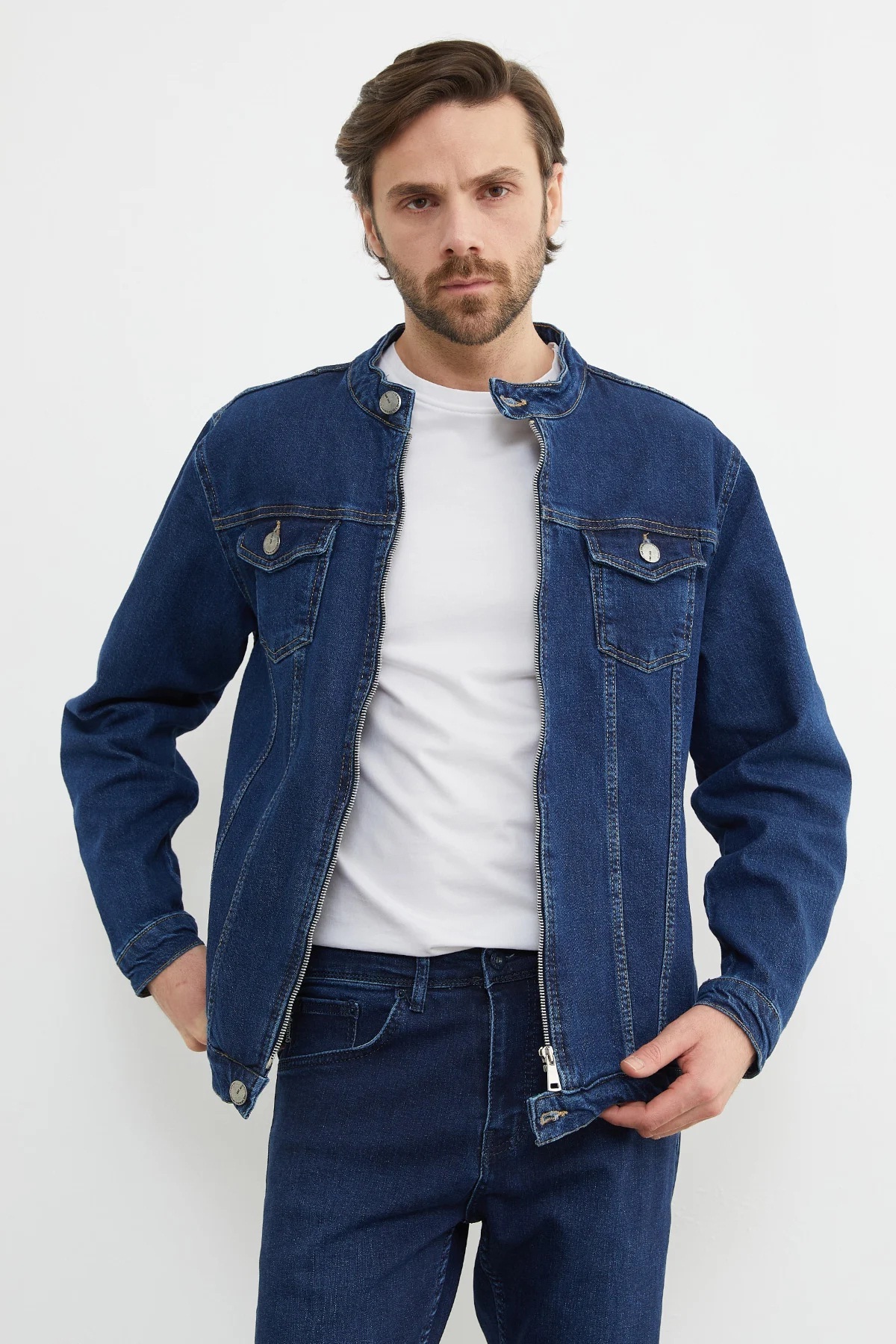 Genel Markalar  Denım Kot Ceket - Lacivert Slim Fit Erkek Denım Kot Ceket - Görsel 7