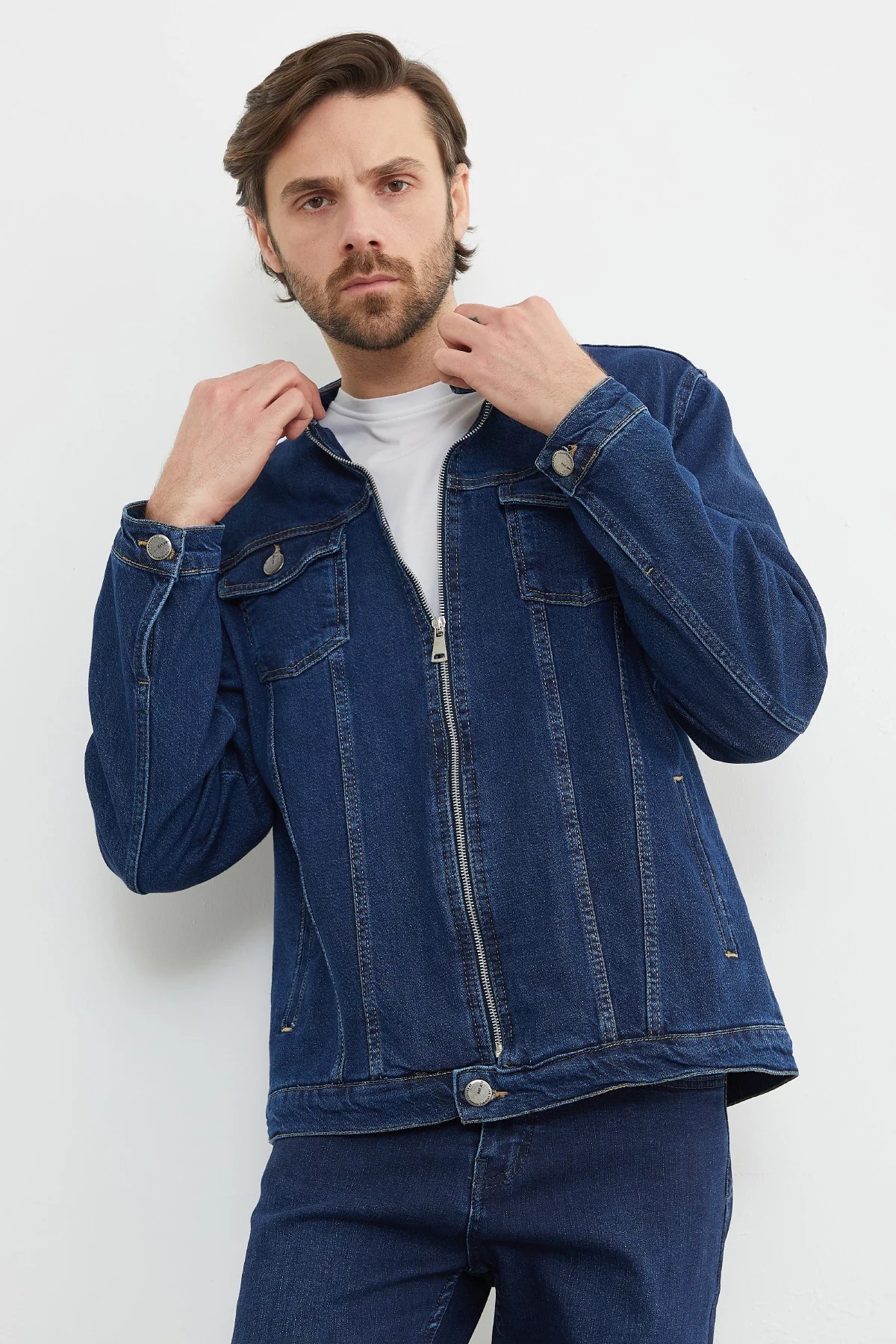 Genel Markalar  Denım Kot Ceket - Lacivert Slim Fit Erkek Denım Kot Ceket - Görsel 2