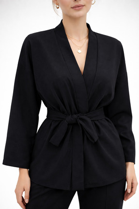 Glowear Atelier Kadın Siyah Kimono Ceket- Oversize Kuşaklı Dokuma Tok Kumaş