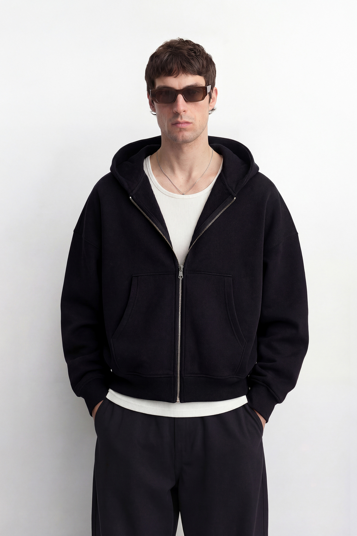 TWILIT  Oversize Basic Fermuarlı Sweatshirt Hırka Kapüşonlu Hoodie %100 Pamuk Erkek - Siyah