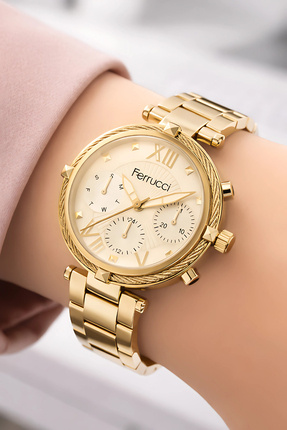 Ferrucci Kadın Kol Saati Çelik Kordon Çelik Kasa Taşlı Bileklik Hediyesi ile ...