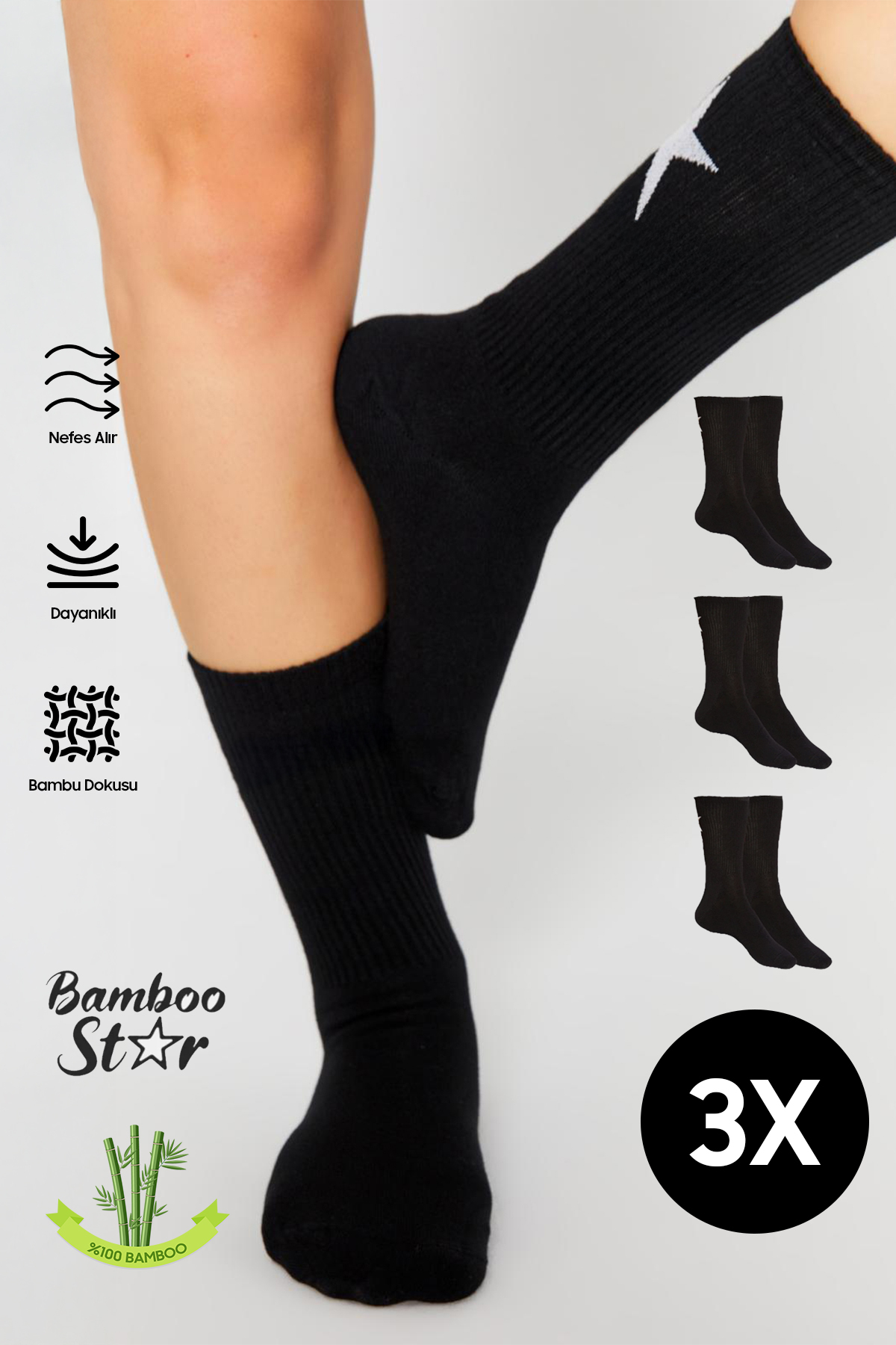 Bamboo Women's Black Tennis College Star Patterned Premium Seamless Socket Black Socks 3-Pack Premium