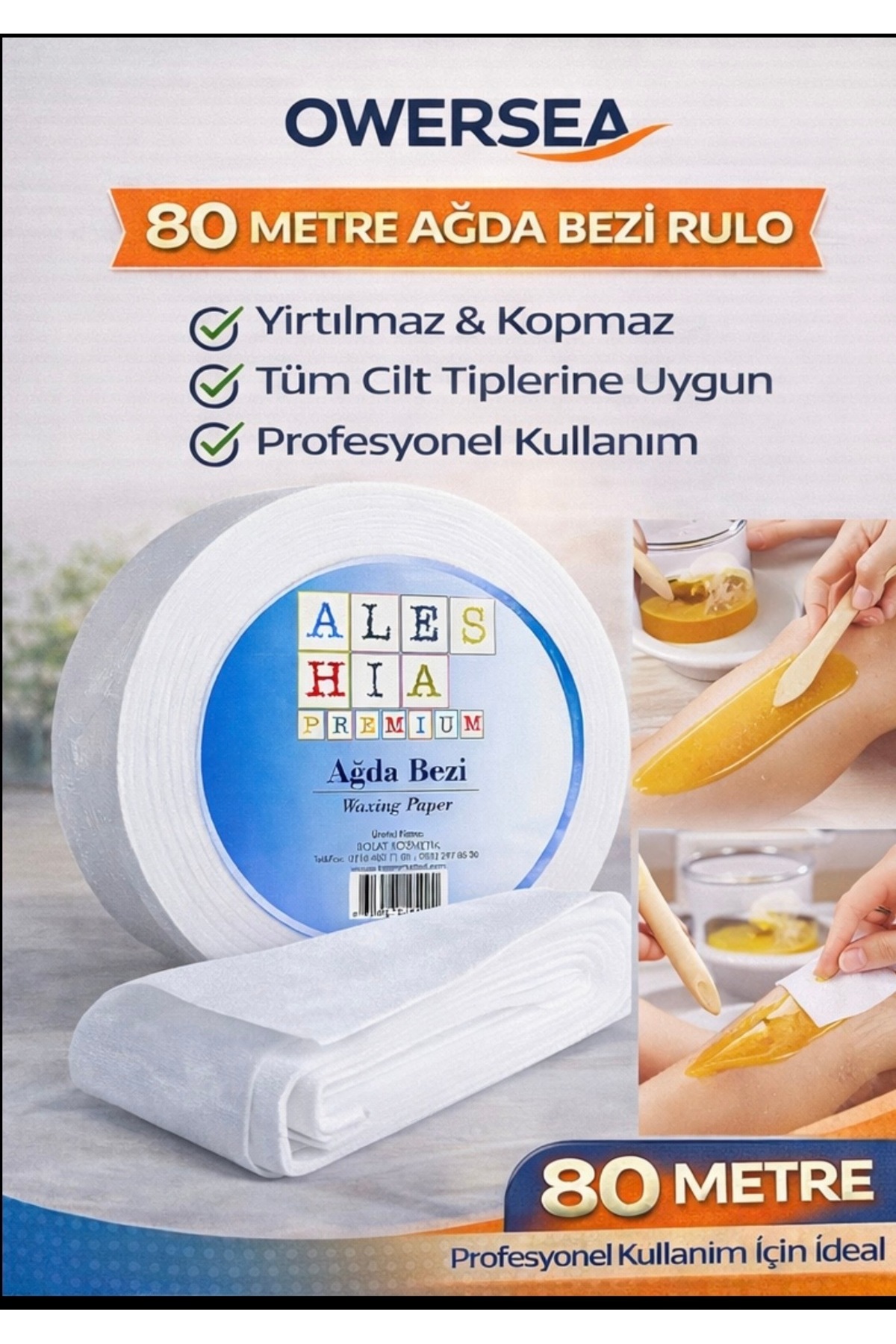 Resim Owersea 80 Metre Ağda Bezi Rulo – Yırtılmaz Kopmaz, Tüm Cilt Tiplerine Uygun Profesyonel Kullanım. 