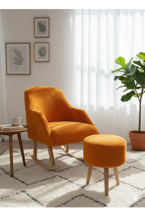 Yuems home Sallanan Ahşap Ayaklı Turuncu Renk Berjer Koltuk Sandalye - Puf He...