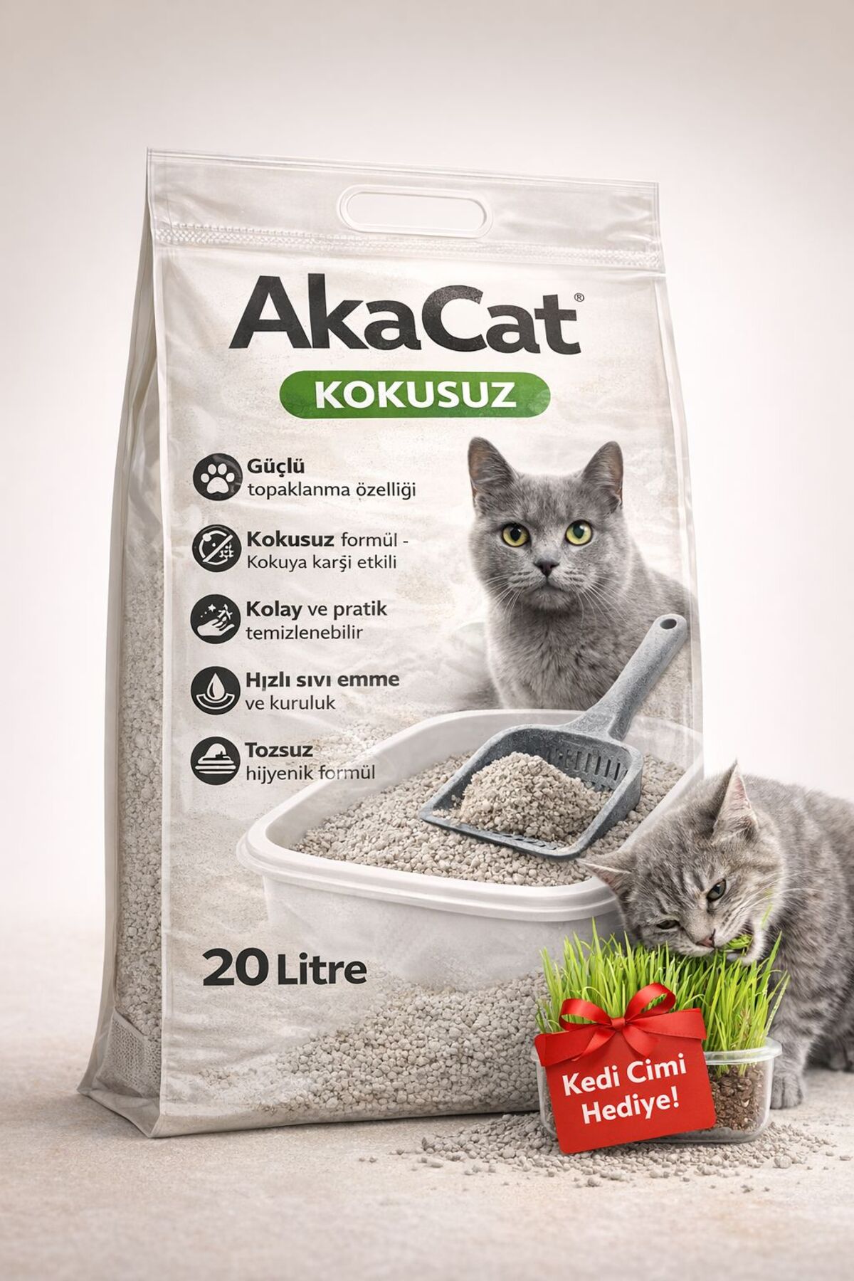 AKACAT 20 Lt Beyaz Bentonit Doğal %100 Topaklaşan Ince Taneli Kedi Kumu (Kedi Çimi Hediye)