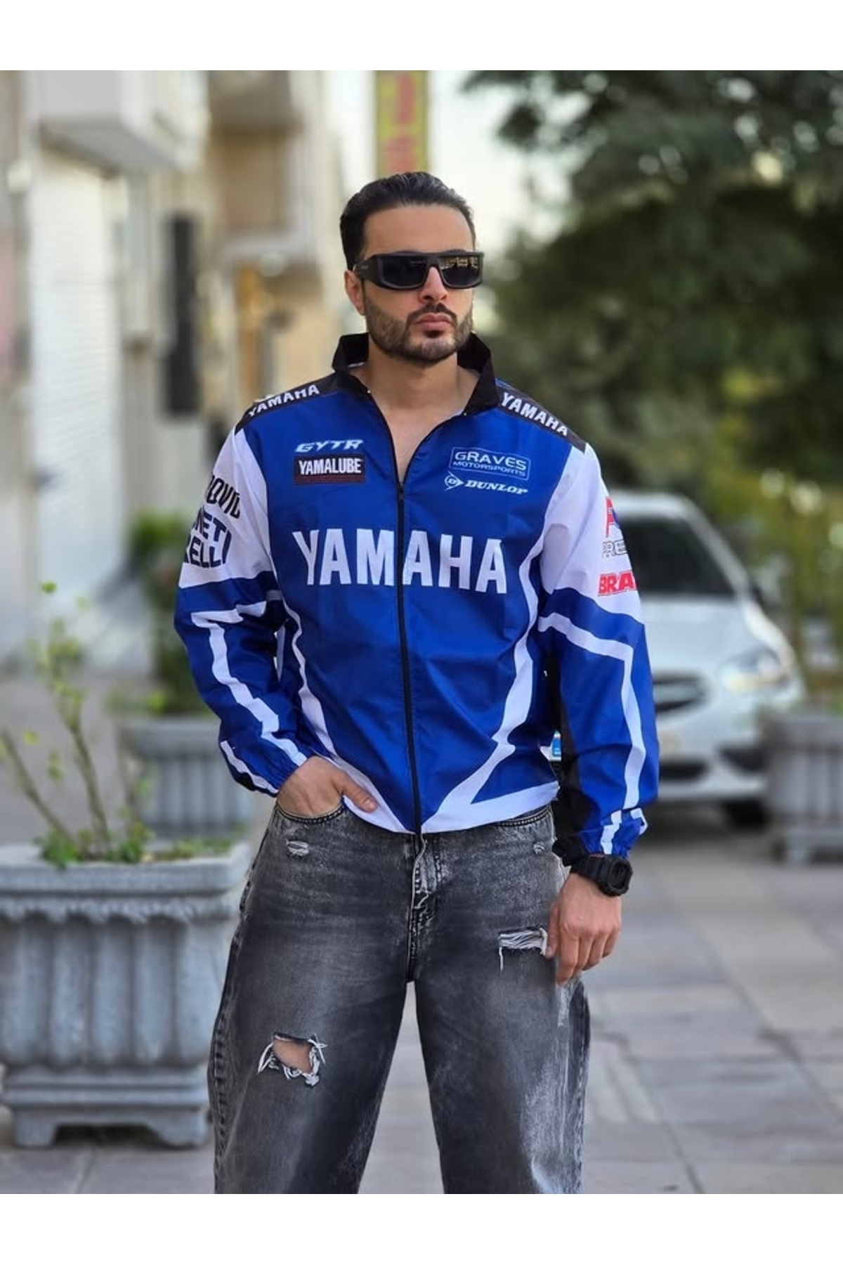 Lushen Yamaha Mavi Unisex Paraşüt Kumaş Oversize Baskılı Siyah Rüzgarlık Yağmurluk İnce Ceket görsel 2