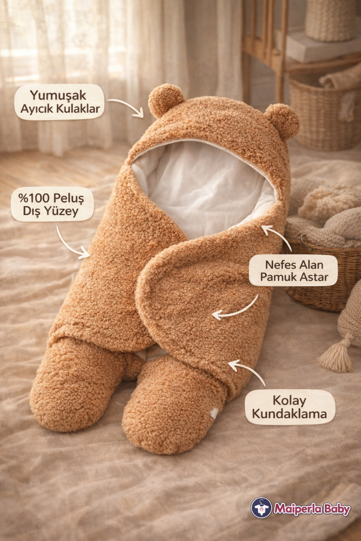 Mai Perla 0 - 12 Ay Içi Elyaflı Kulaklı Welsoft Dış Kundak Bebek Battaniye fotoğrafı 3 (önizleme)