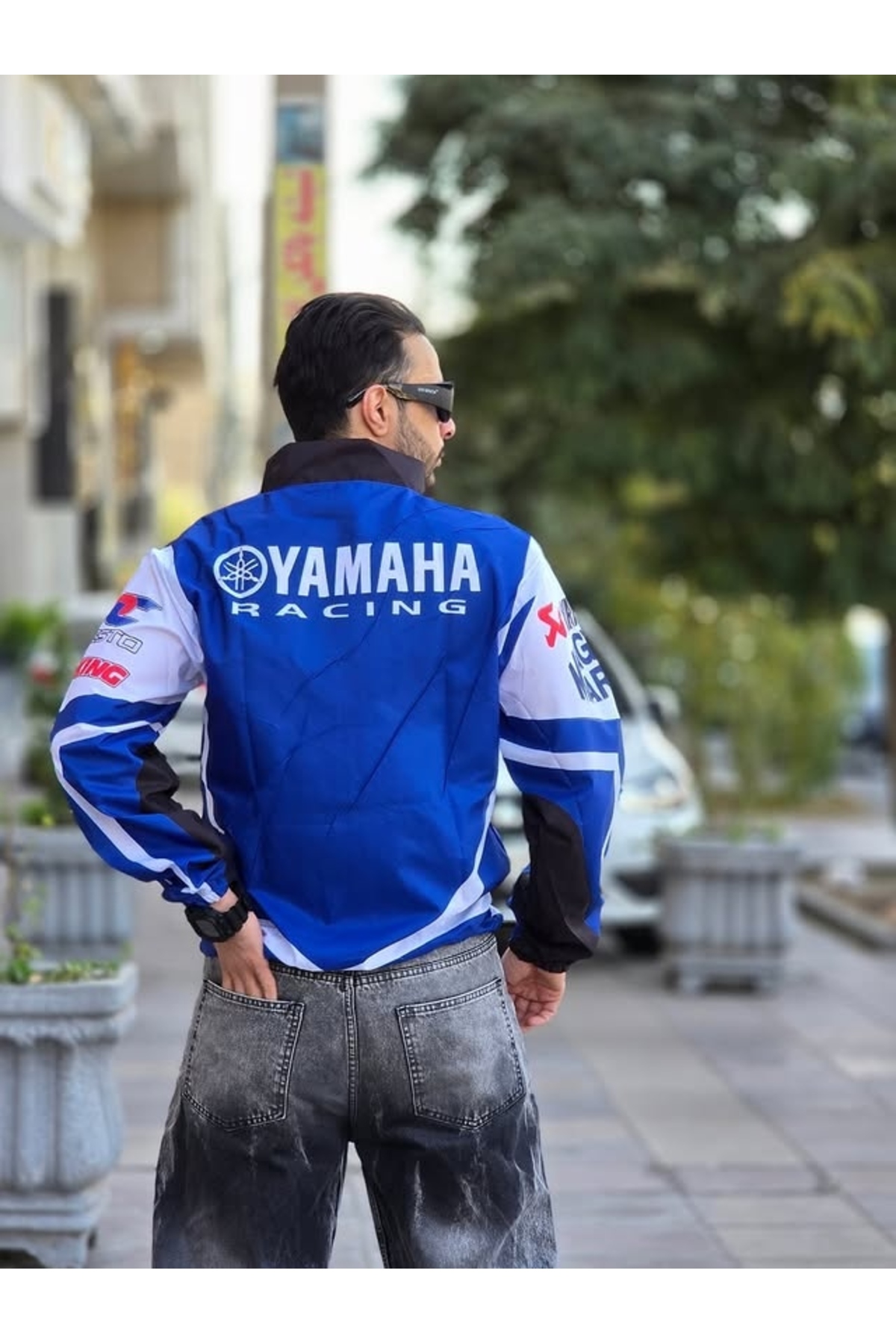 Lushen Yamaha Mavi Unisex Paraşüt Kumaş Oversize Baskılı Siyah Rüzgarlık Yağmurluk İnce Ceket görsel 3