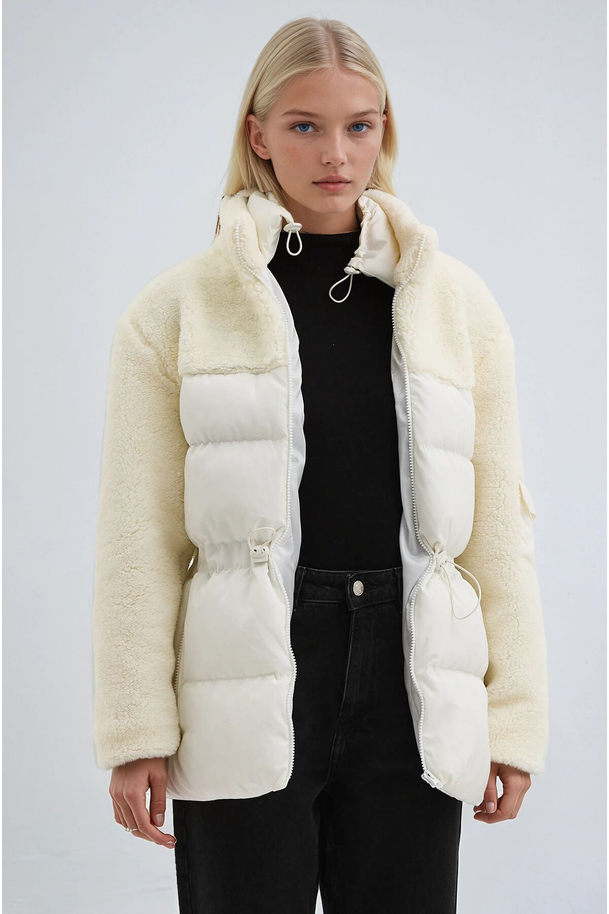 Lijuri  Beyaz Yün Karışımlı Rahat Şişme Mont 7109 - Görsel 2