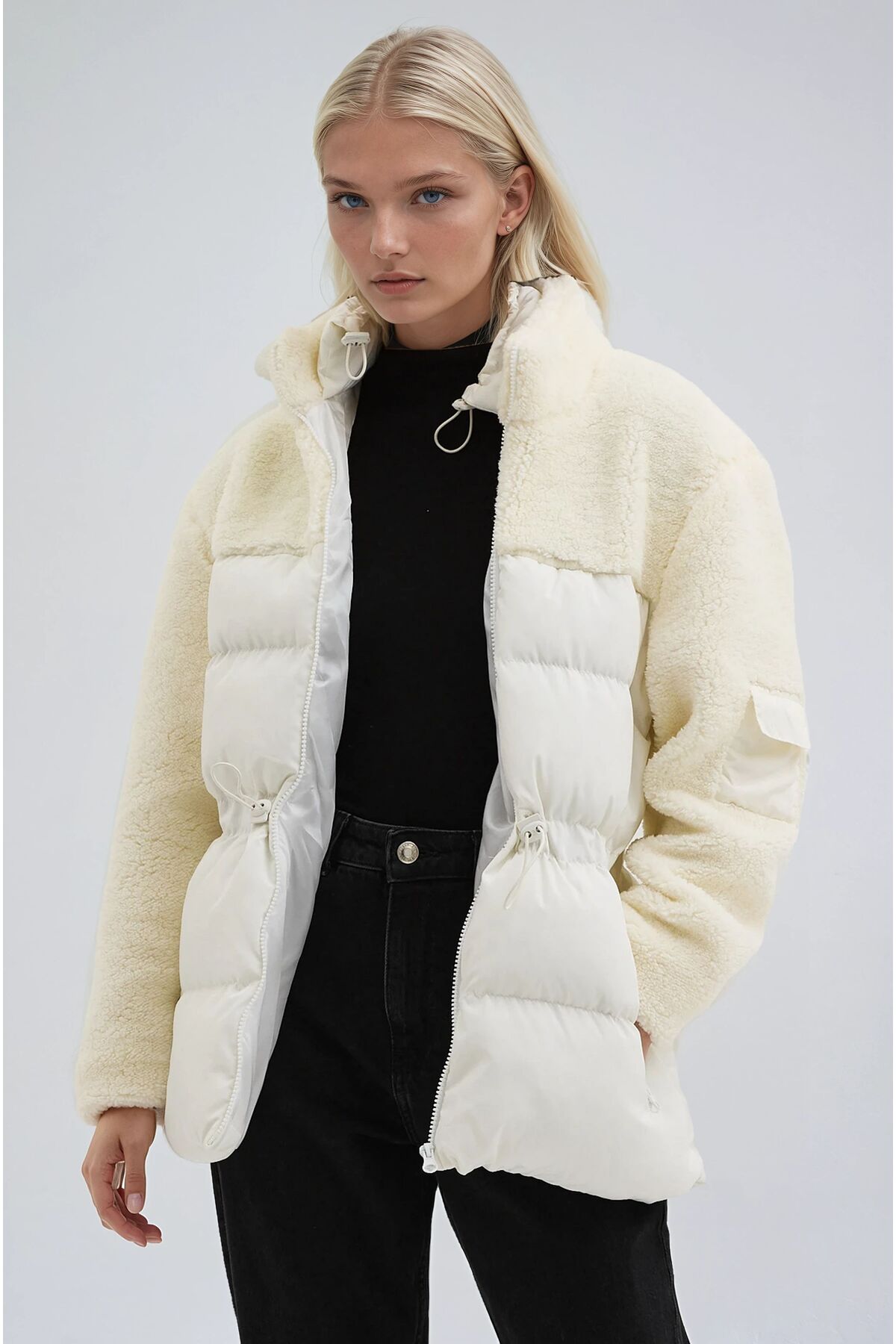 Lijuri  Beyaz Yün Karışımlı Rahat Şişme Mont 7109 - Görsel 4