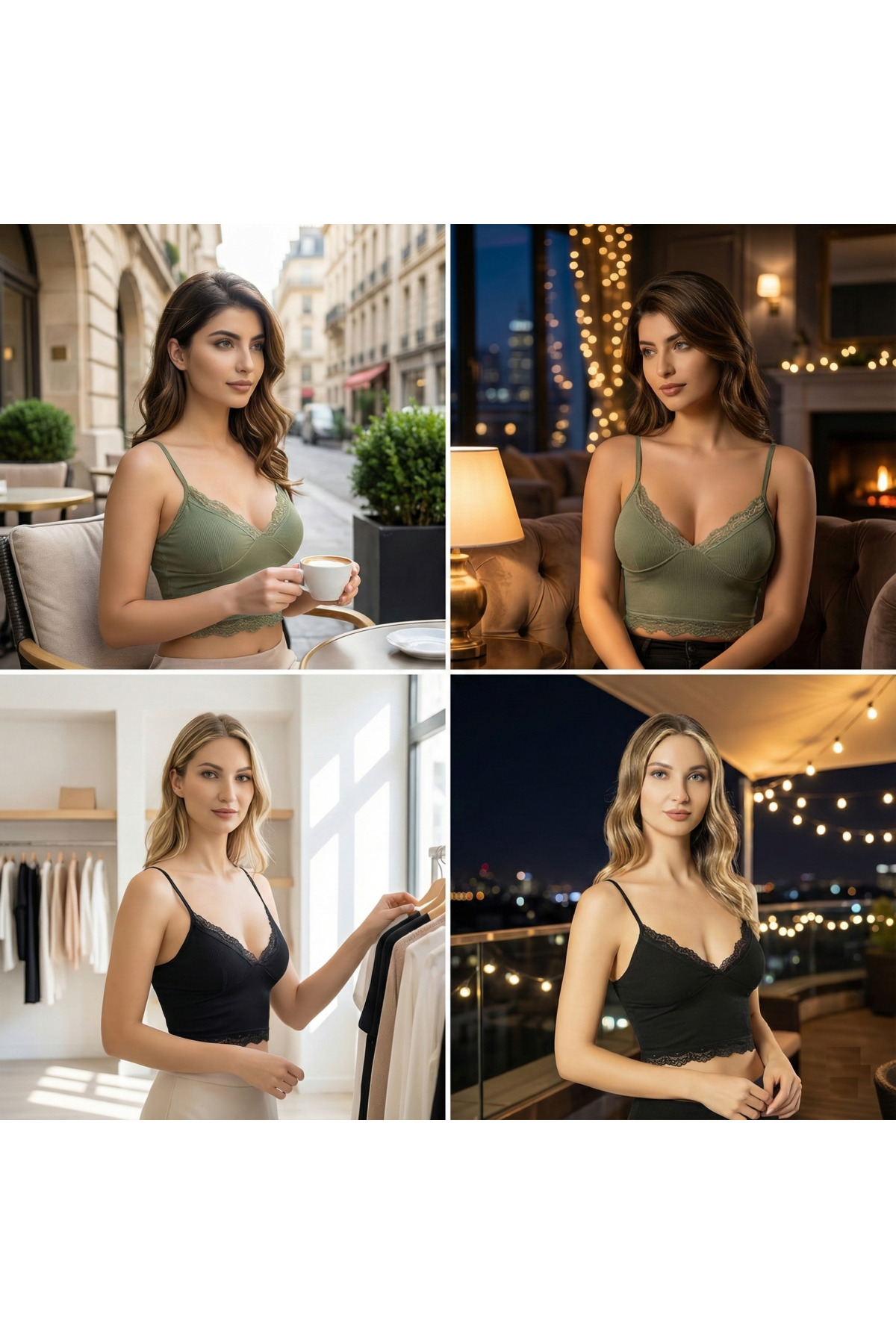 lusi store Lusistore Crop Bluz Takım Askılı Dantelli Pedli Büstiyer Bralet %95 Pamuk görsel 4