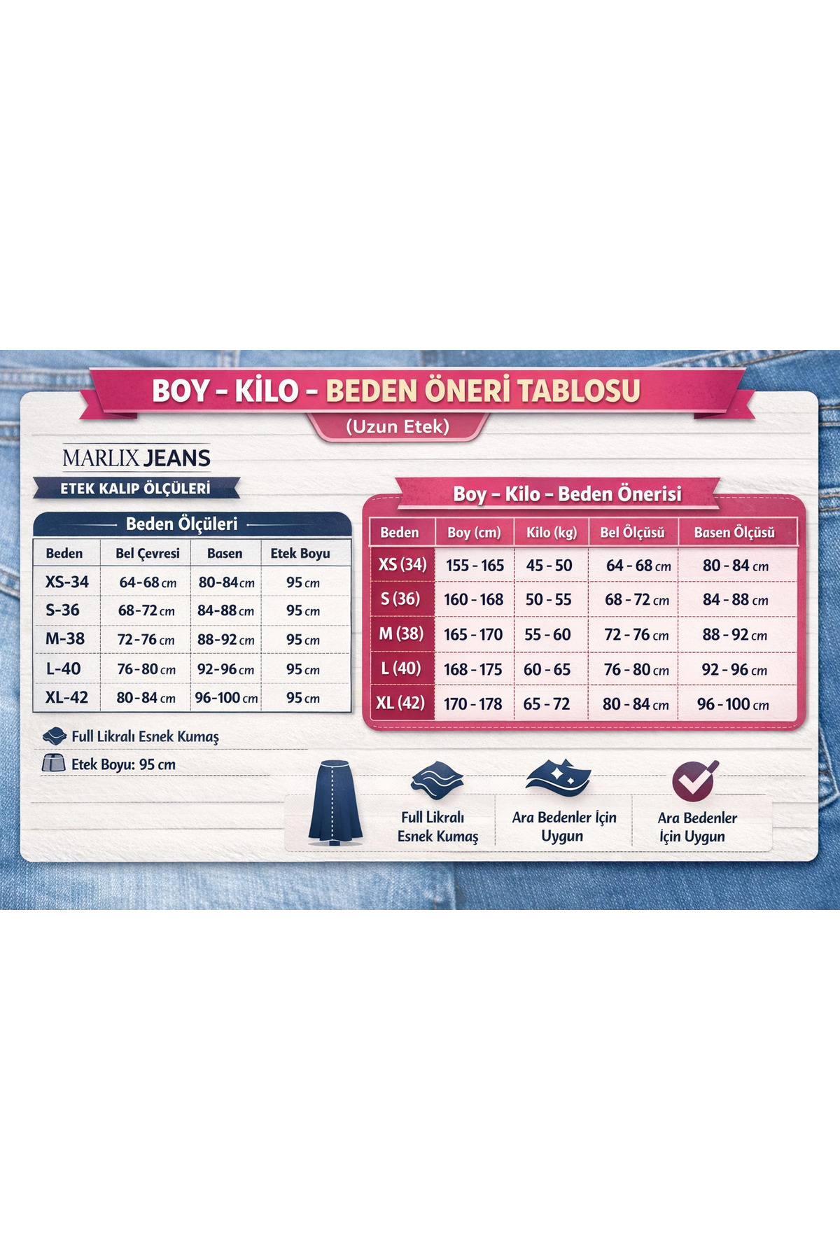 MARLİX  Koyu Mavi Uzun Maxi Boy Denim likralı yırtmaçlı Dar Kalıplı Uzun Boy Normal Belli Kadın Kot Etek - Görsel 3