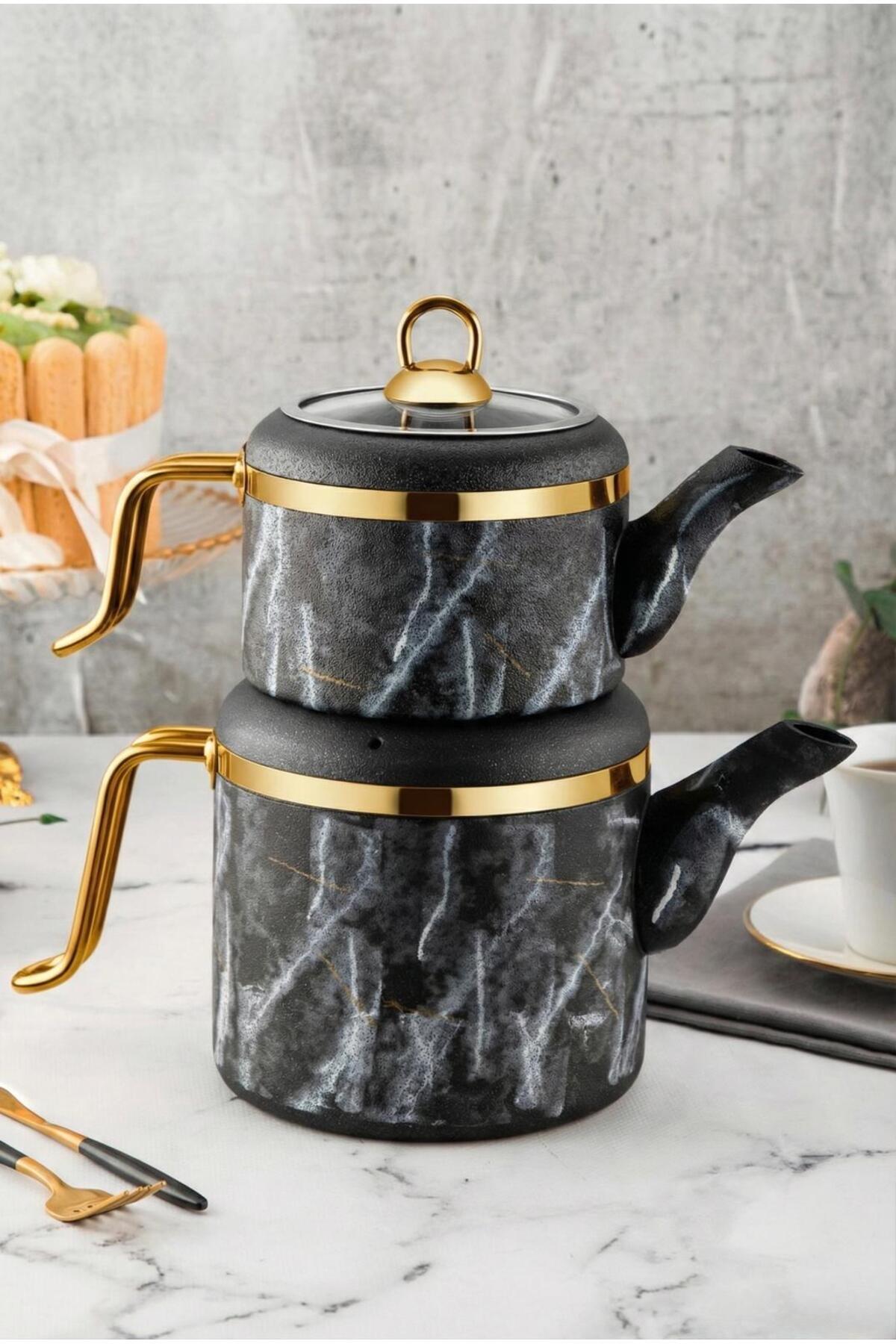 Özlife Vigo Golden Family Size Granite Teapot Set