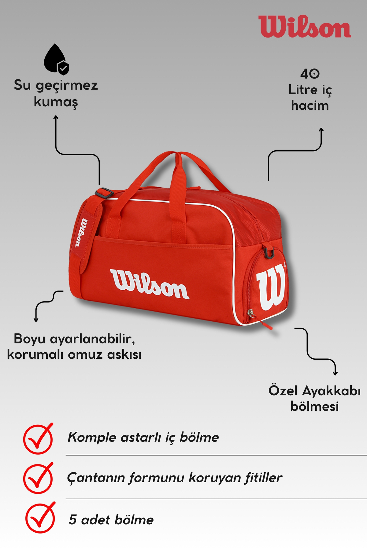 Wilson  Lisanslı Kırmızı Unisex Ayakkabı Bölmeli Su Geçirmez Gym Fitness Spor Seyahat Çantası El Valizi - Görsel 4