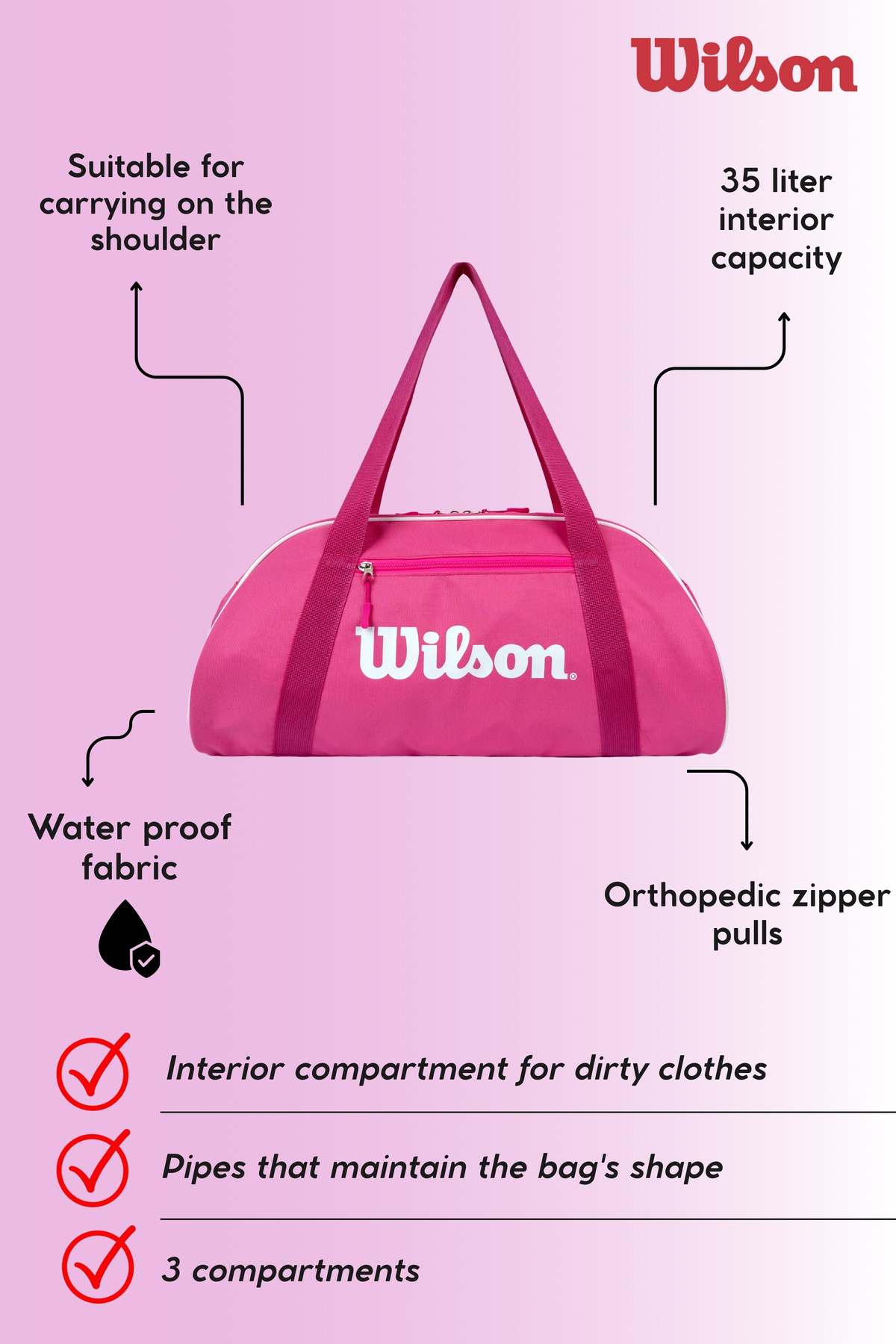 Wilson  35 Litre Lisanslı Pembe Kadın Kol ve Omuz Kumaş Spor Seyahat Çantası - Görsel 5