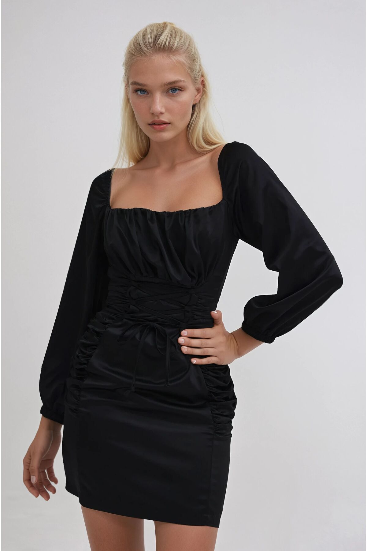 Lijuri  Büzgü ve Bağlama Detaylı Kare Yaka Şık Elbise 2924 R3-B-K2 - Görsel 5