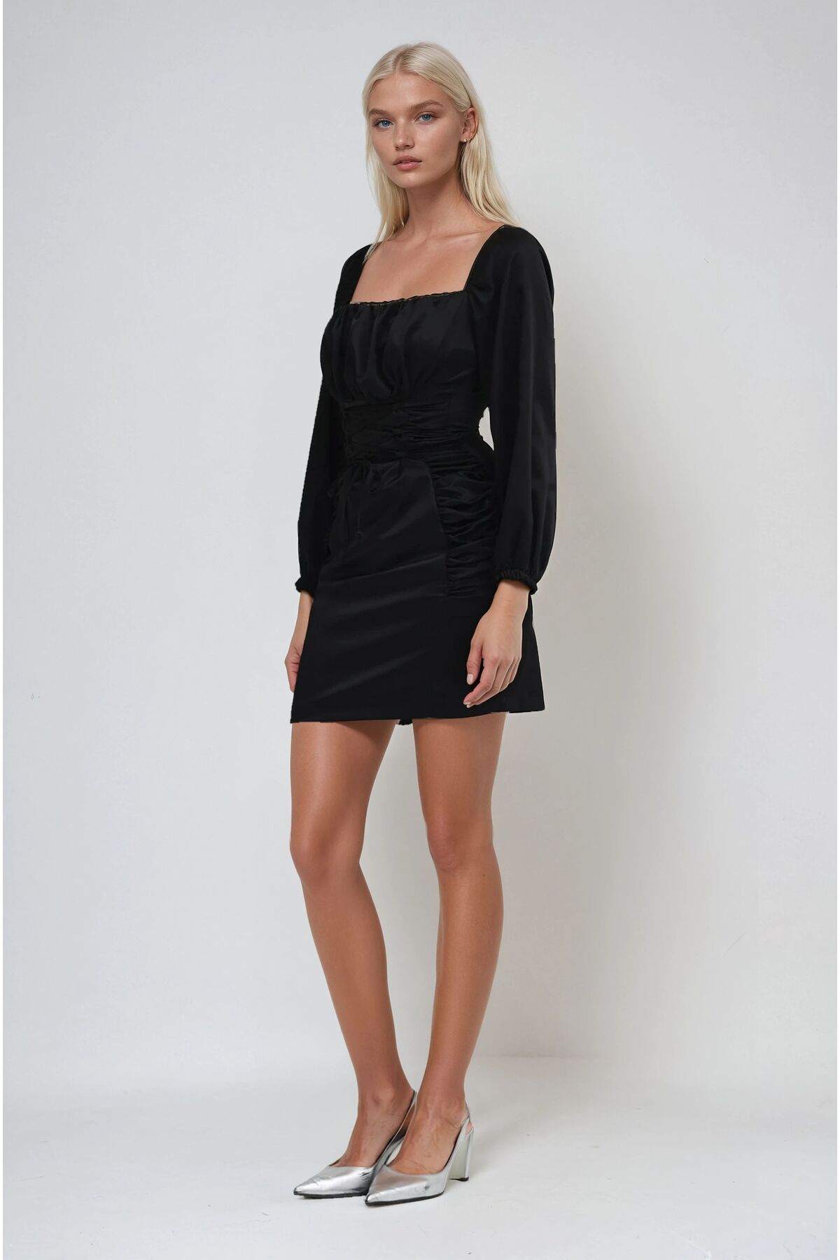 Lijuri  Büzgü ve Bağlama Detaylı Kare Yaka Şık Elbise 2924 R3-B-K2 - Görsel 2