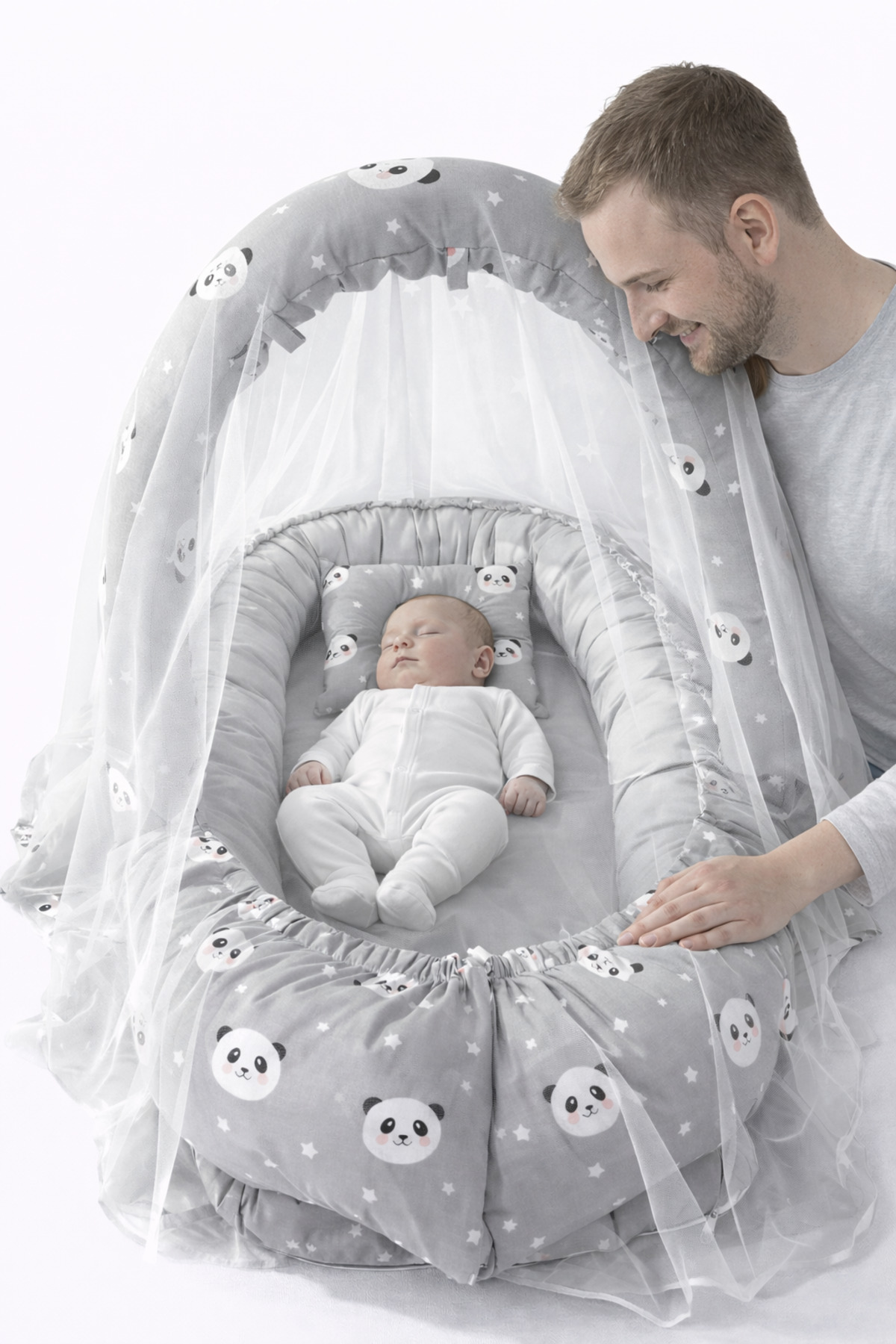 Jaju Baby Babynest Gri Panda Cibinlik Tüllü Ve Oyuncak Askılı Organik Jaju Babynest Anne Yanı Bebek Yatağı fotoğrafı 2 (önizleme)