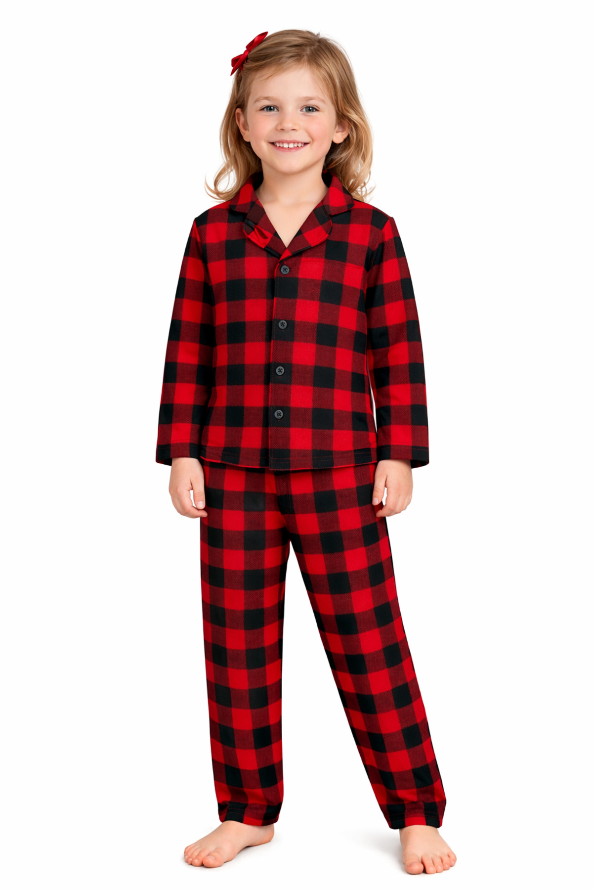 mışıl mışıl kids Kız Erkek Çocuğa uygun Kırmızı Siyah Kareli Düğmeli Süet Kumaş Pijama Takımı fotoğrafı 7 (önizleme)