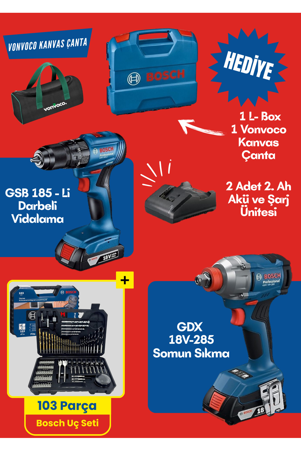 Bosch GDX 18V 285 Somun Sıkma GSB 185 li Darbeli Akülü Vidalama