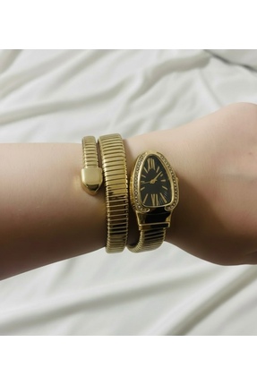 Yegane Gold Renk Yılan Model Kadın Spiral Bilezikli Şık Tasarım Kol Saati Siy...