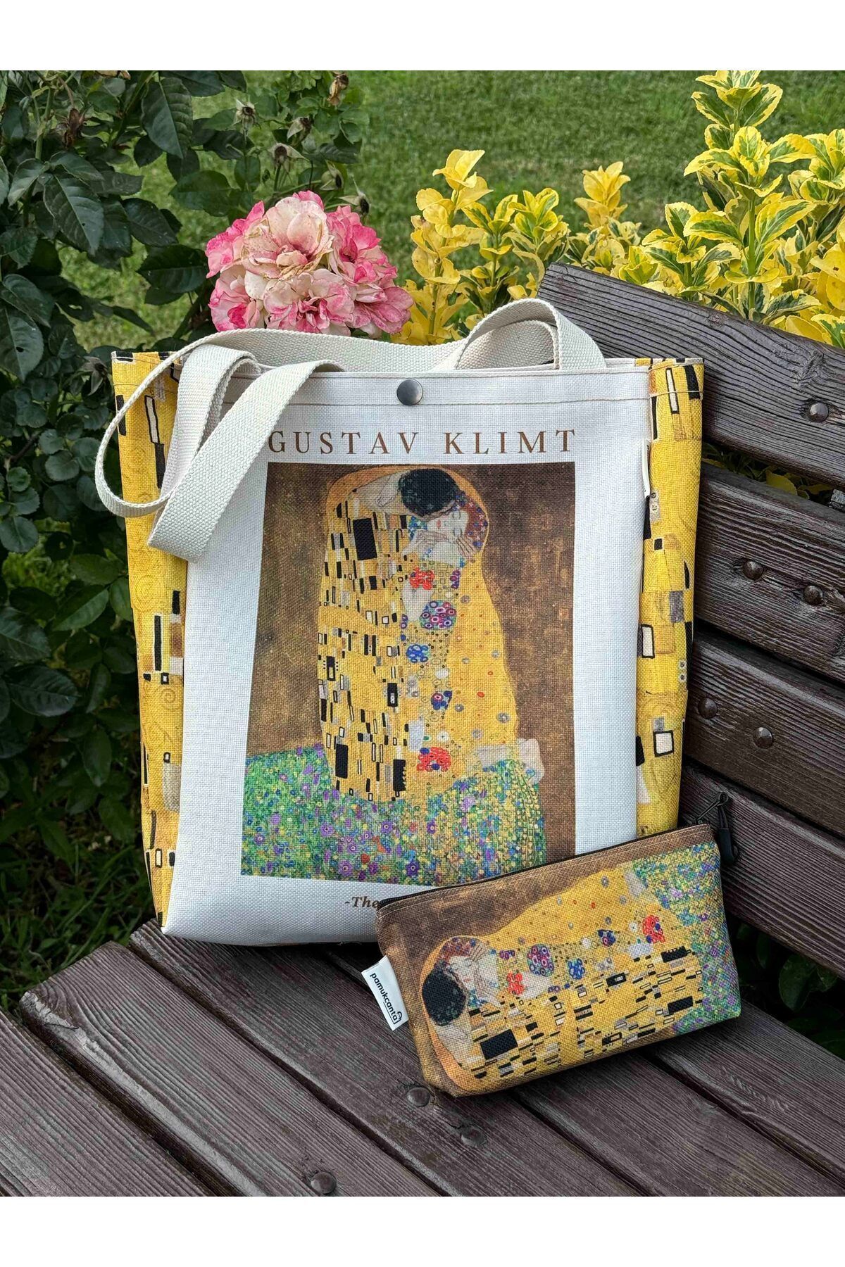 pamukcanta  Gustav Klimt Kanvas Bez Çanta& Makyaj Çantası Yıkanabilir Metal Çıtçıtlı Cepli (2'li Set) - Görsel 4