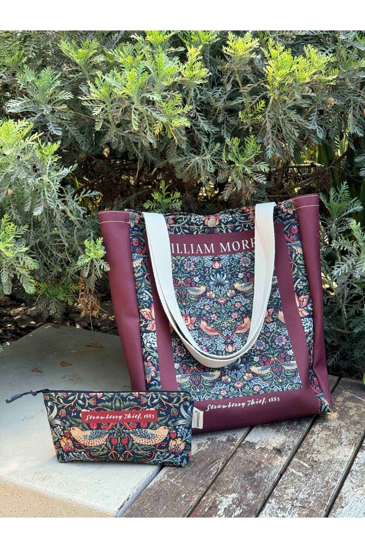 pamukcanta  William Morris Kanvas Bez Çanta& Makyaj Çantası Yıkanabilir Metal Çıtçıtlı Cepli (2'li Set) - Görsel 7