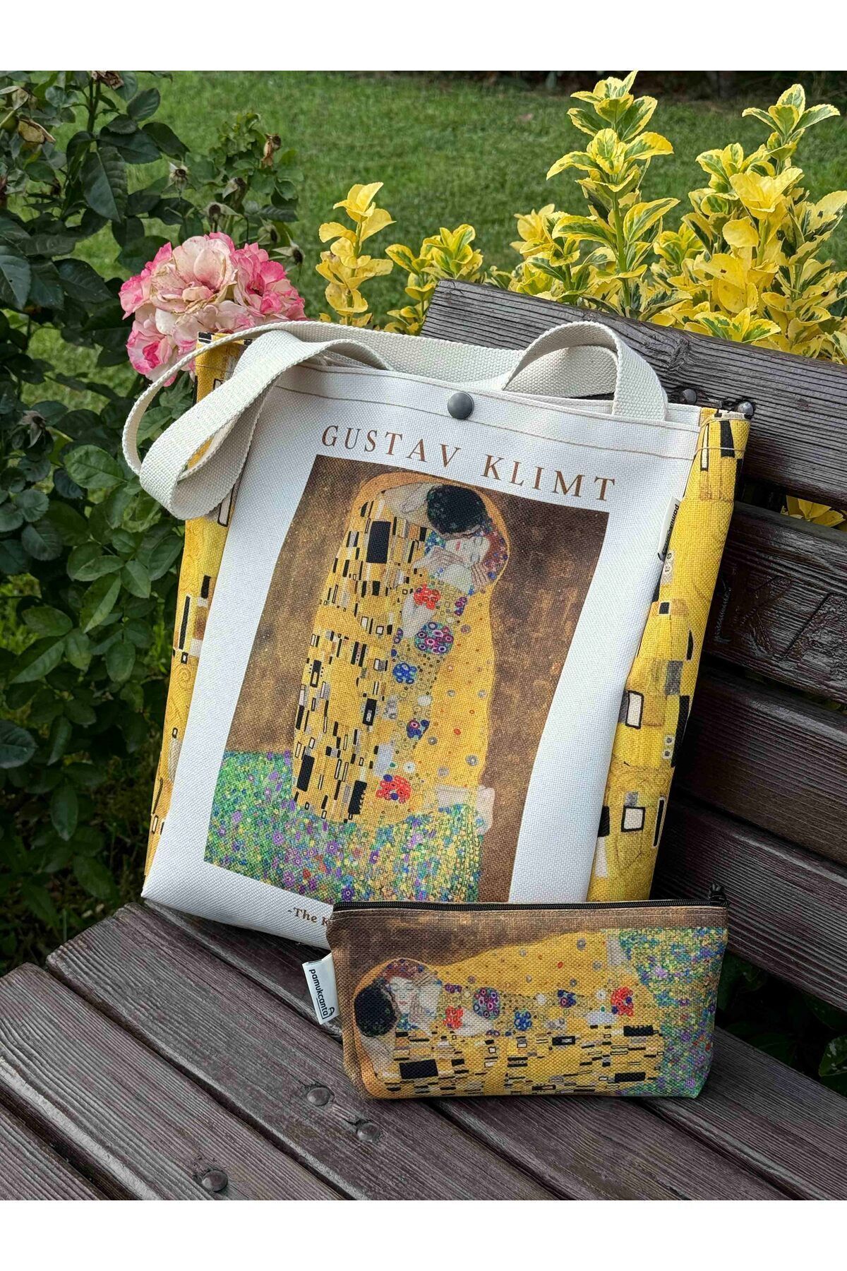 pamukcanta  Gustav Klimt Kanvas Bez Çanta& Makyaj Çantası Yıkanabilir Metal Çıtçıtlı Cepli (2'li Set)