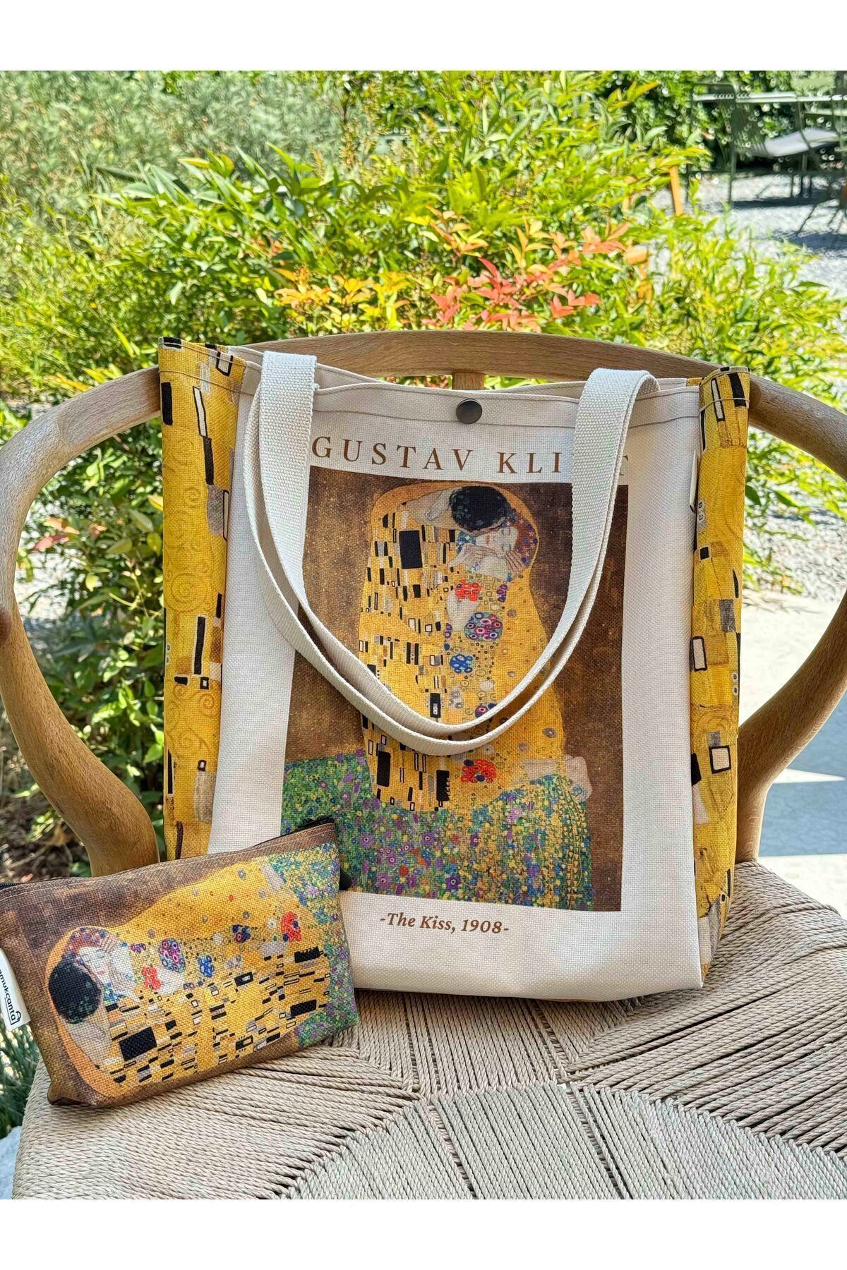 pamukcanta  Gustav Klimt Kanvas Bez Çanta& Makyaj Çantası Yıkanabilir Metal Çıtçıtlı Cepli (2'li Set) - Görsel 6