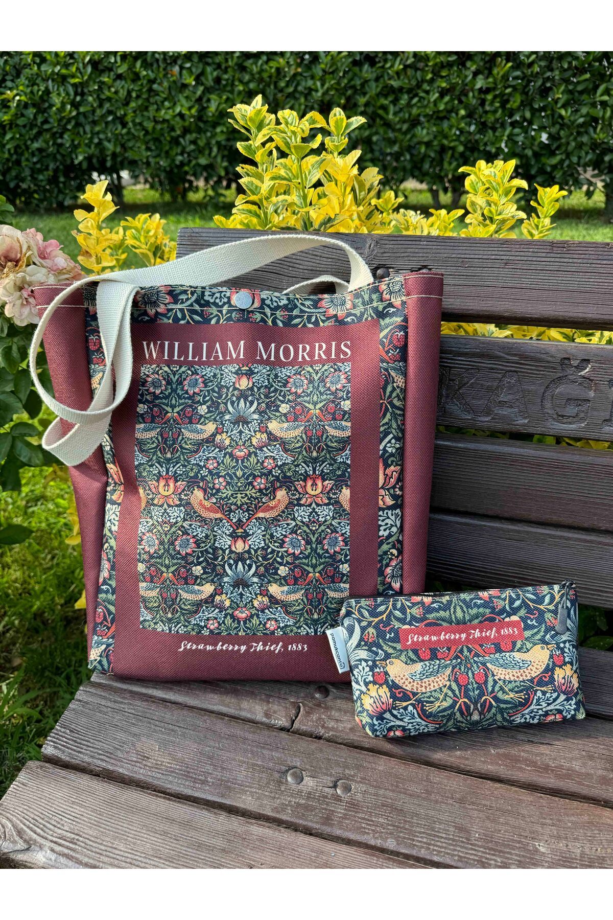 pamukcanta  William Morris Kanvas Bez Çanta& Makyaj Çantası Yıkanabilir Metal Çıtçıtlı Cepli (2'li Set)