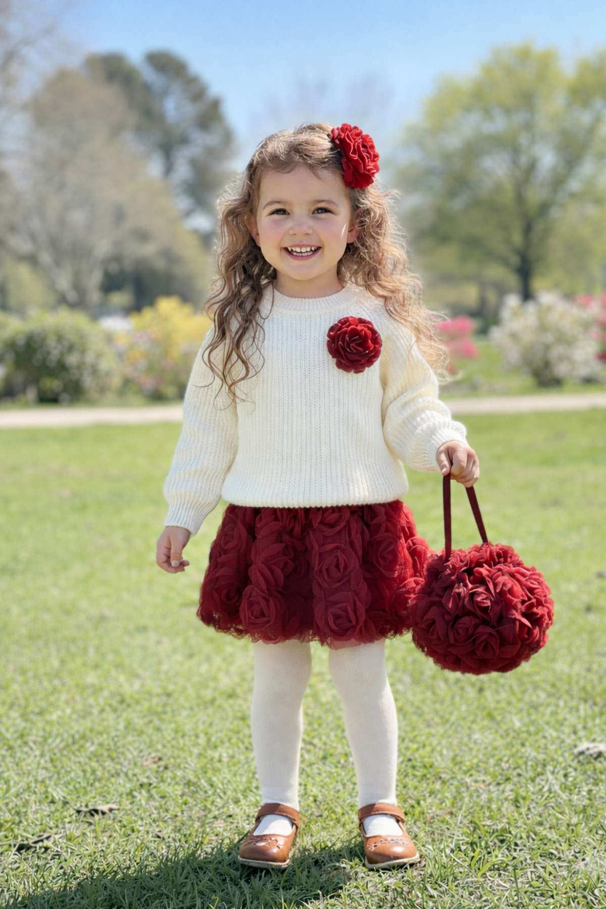 TREND NATURAL Kız Çocuk Triko Kazak ve Gül Detaylı Etek Toka ve Çanta 2-8 yaş Bordo ve Pembe fotoğrafı 2 (önizleme)