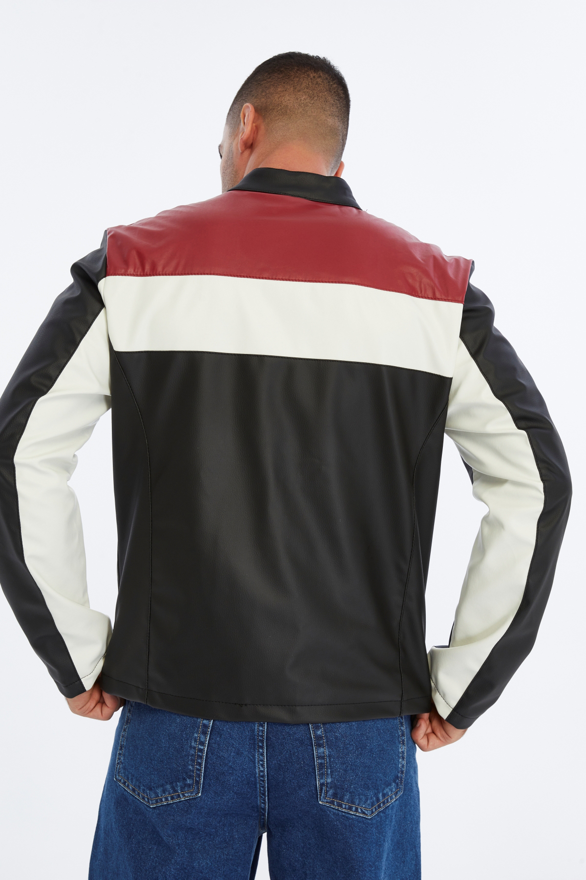 CHOS7N  Erkek Oversize Şeritli Baskılı Deri Ceket Hakim Yaka Bomber Motorcu Montu Yarışçı Ceketi - Görsel 5