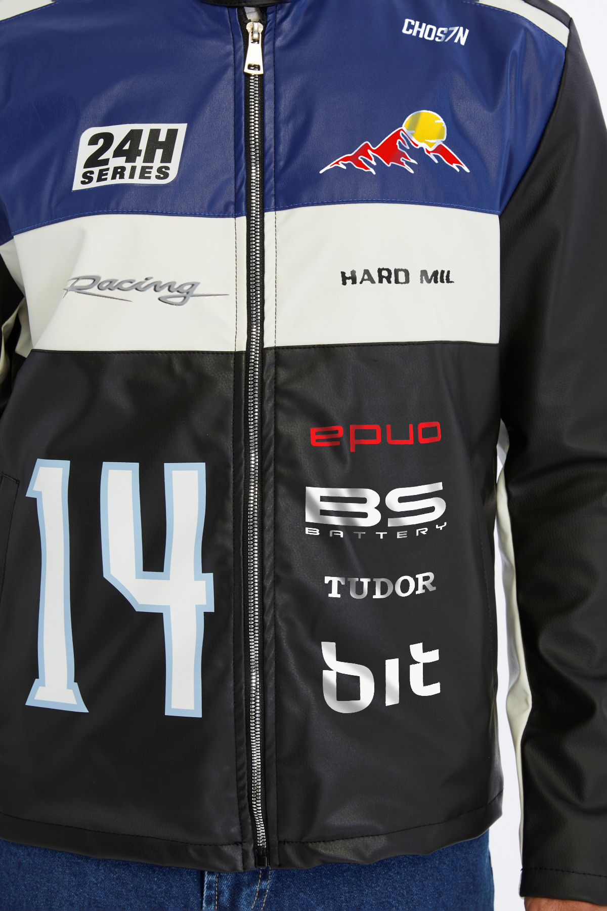 CHOS7N  Erkek Oversize Şeritli Baskılı Deri Ceket Hakim Yaka Bomber Motorcu Montu Yarışçı Ceketi - Görsel 5