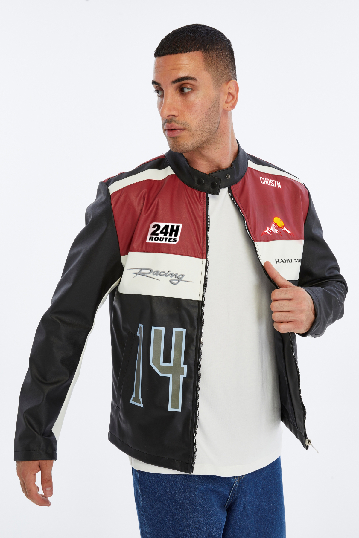 CHOS7N  Erkek Oversize Şeritli Baskılı Deri Ceket Hakim Yaka Bomber Motorcu Montu Yarışçı Ceketi