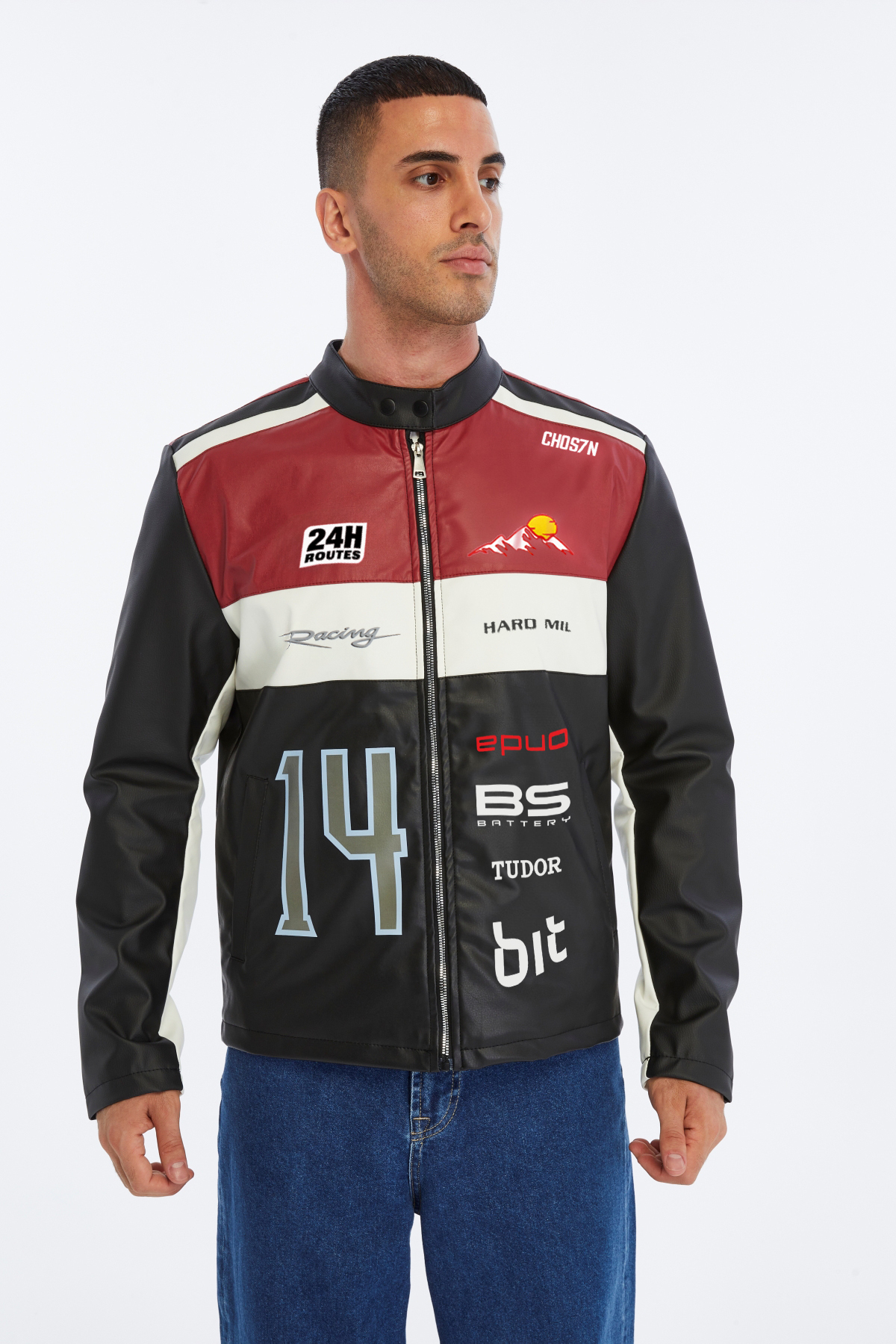 CHOS7N  Erkek Oversize Şeritli Baskılı Deri Ceket Hakim Yaka Bomber Motorcu Montu Yarışçı Ceketi - Görsel 2