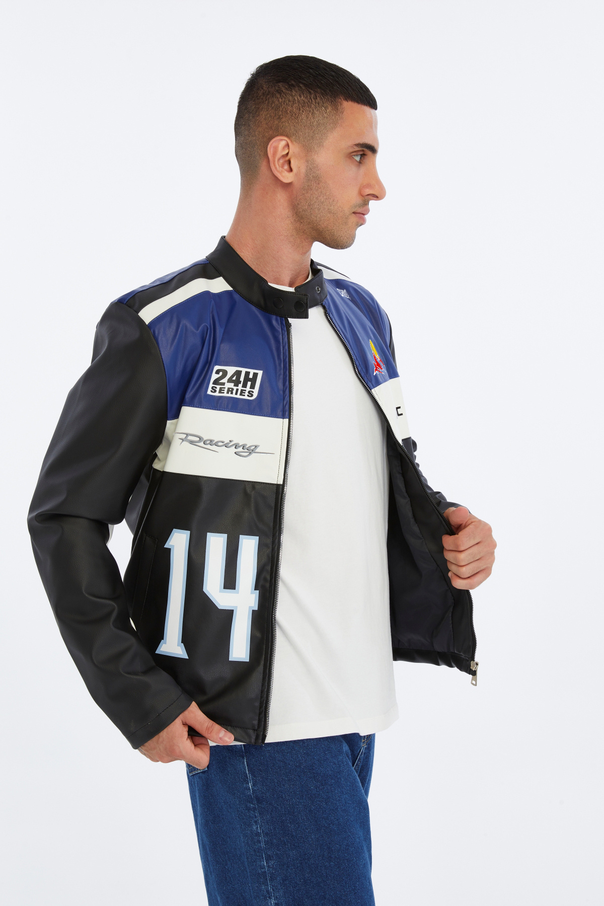 CHOS7N  Erkek Oversize Şeritli Baskılı Deri Ceket Hakim Yaka Bomber Motorcu Montu Yarışçı Ceketi - Görsel 3