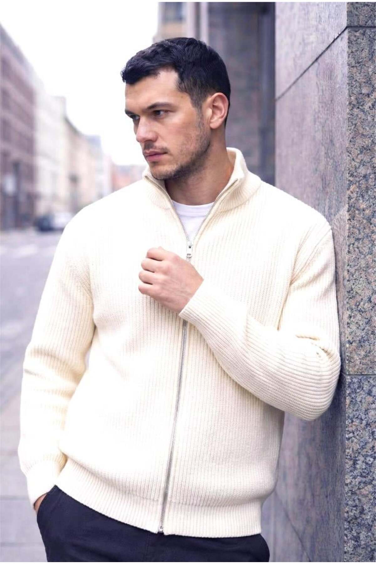 Valiberta  Woody Oversize Selanik Örme Fermuarlı Erkek Hırka- Ekru - Görsel 3