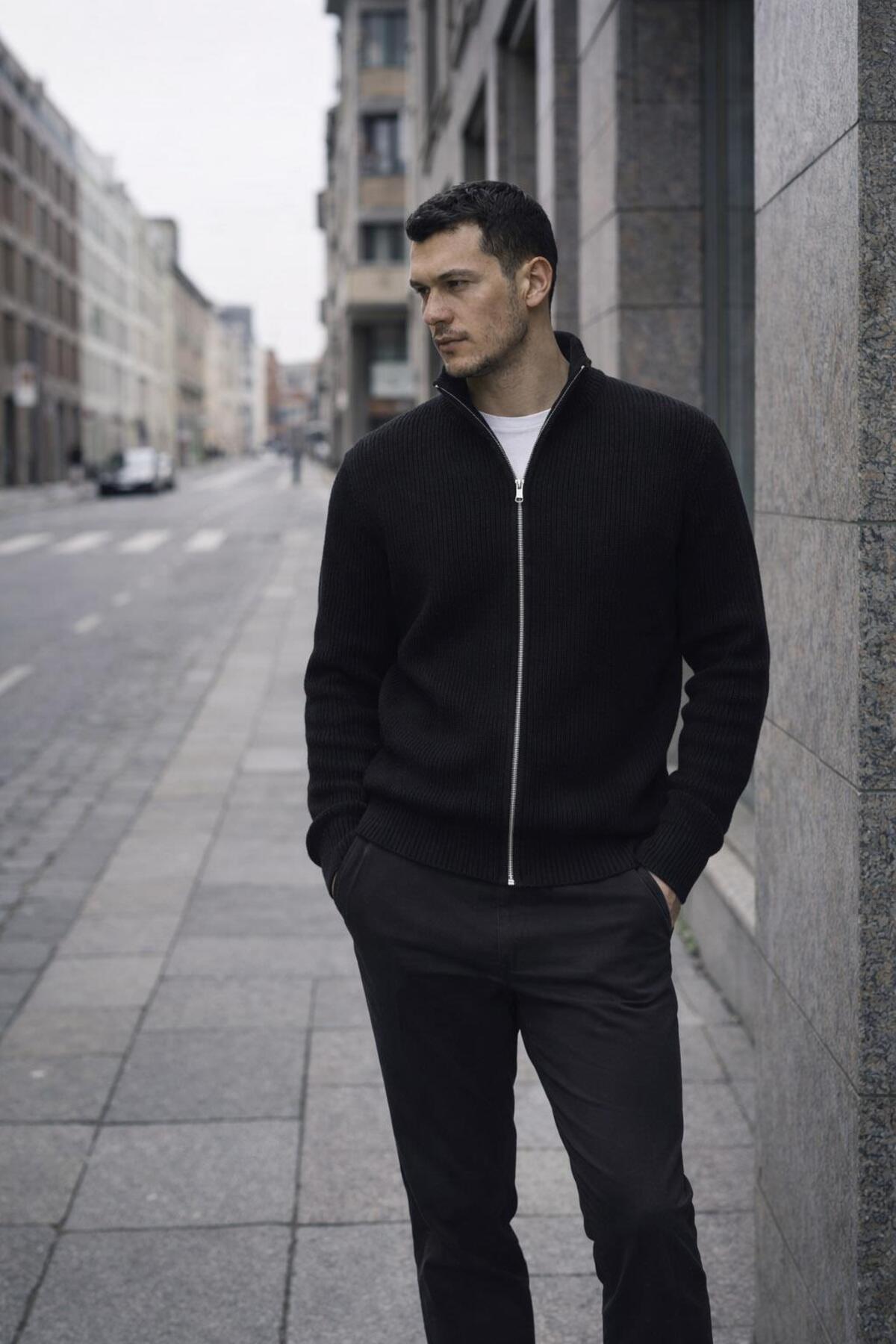 Valiberta  Woody Oversize Selanik Örme Fermuarlı Erkek Hırka- Siyah - Görsel 3