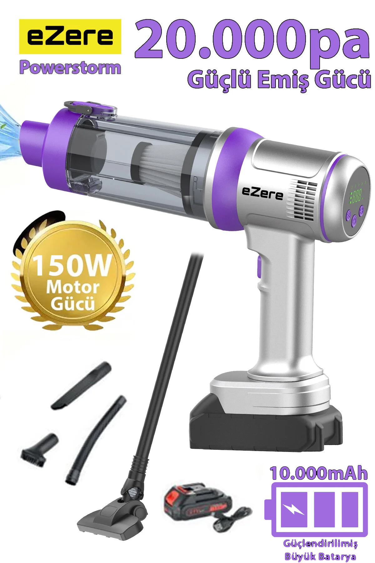EZERE Powerstorm Kablosuz El Süpürgesi 20000Pa Çekim Gücü, 3