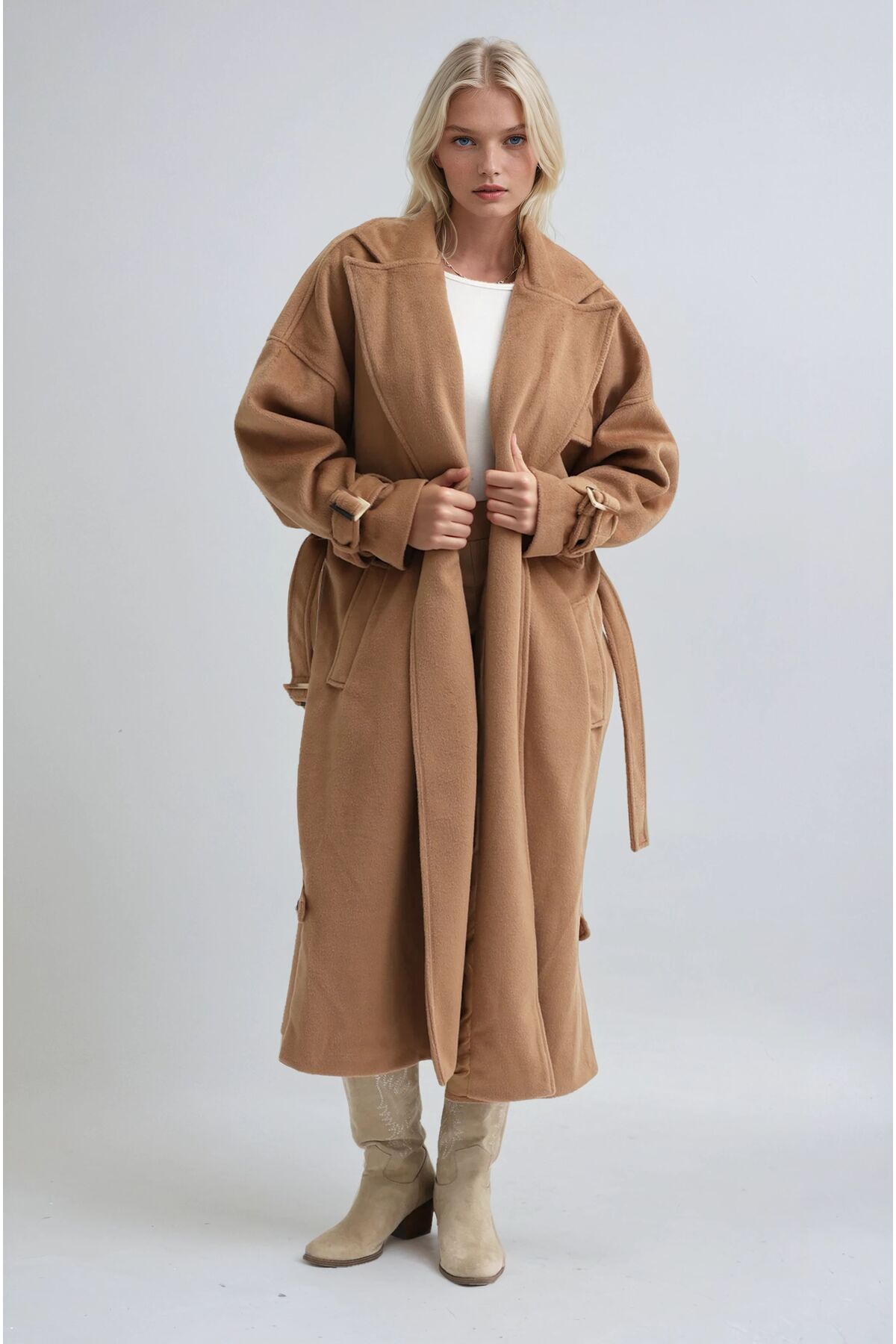 Lijuri  Bej Yaka Cep Detaylı Kuşaklı Kaşe Kaban 7099 R10-F-K1 - Görsel 5