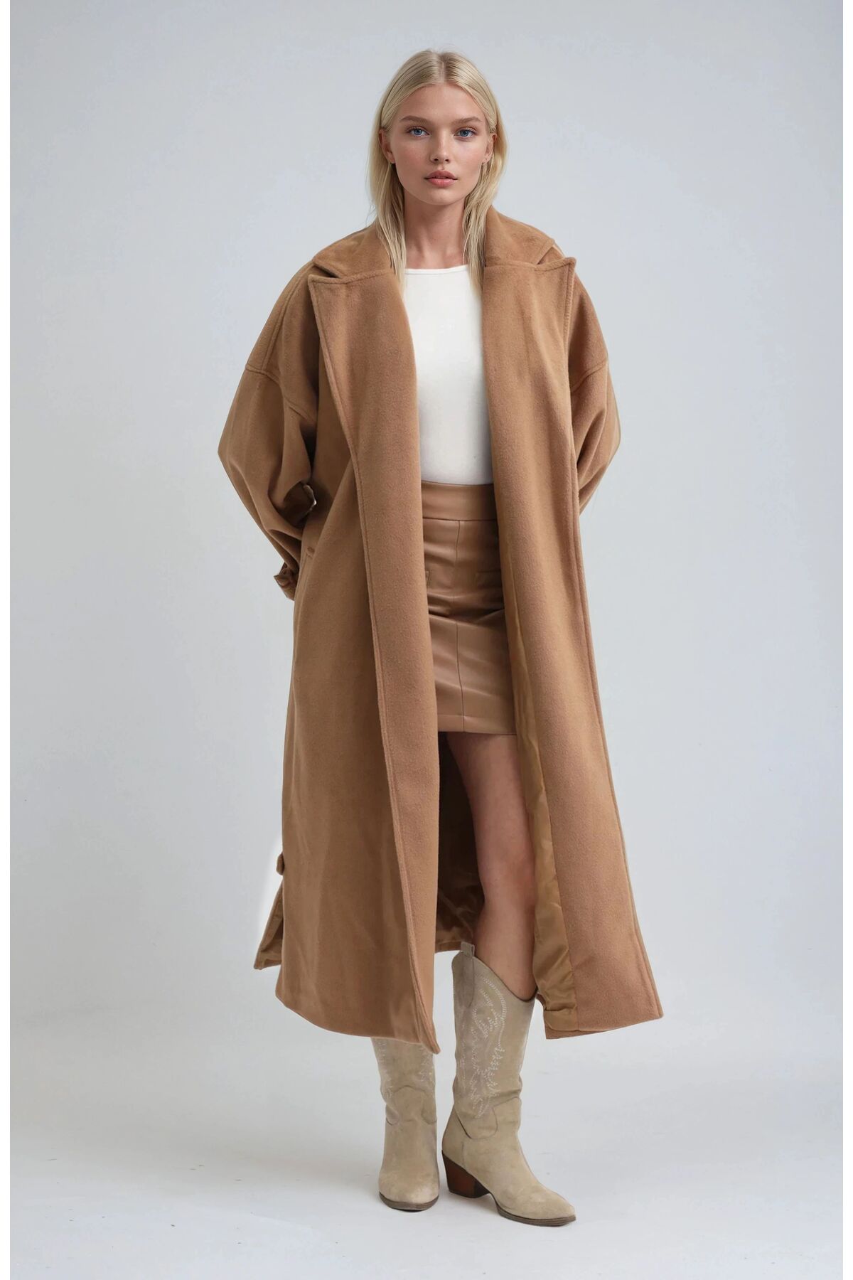 Lijuri  Bej Yaka Cep Detaylı Kuşaklı Kaşe Kaban 7099 R10-F-K1 - Görsel 4