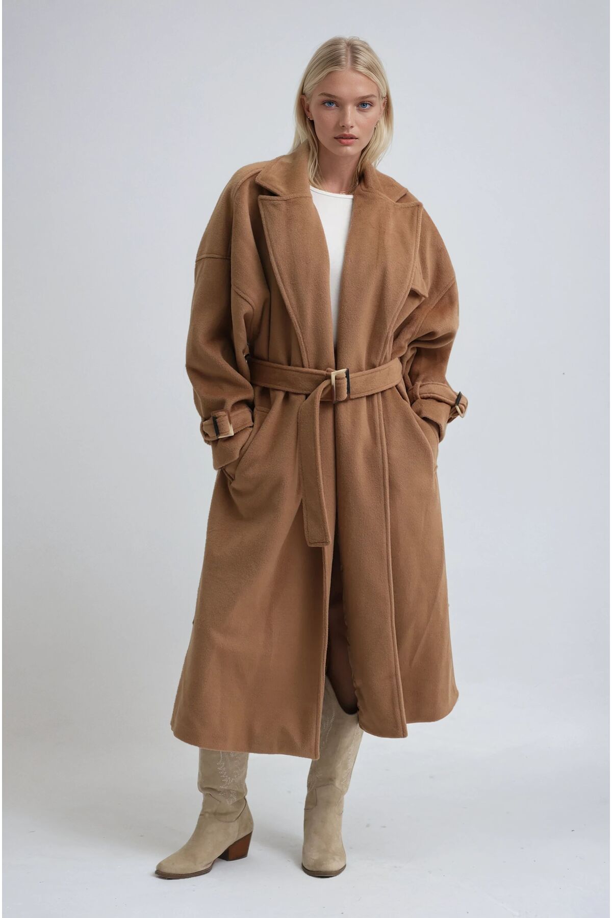 Lijuri  Bej Yaka Cep Detaylı Kuşaklı Kaşe Kaban 7099 R10-F-K1