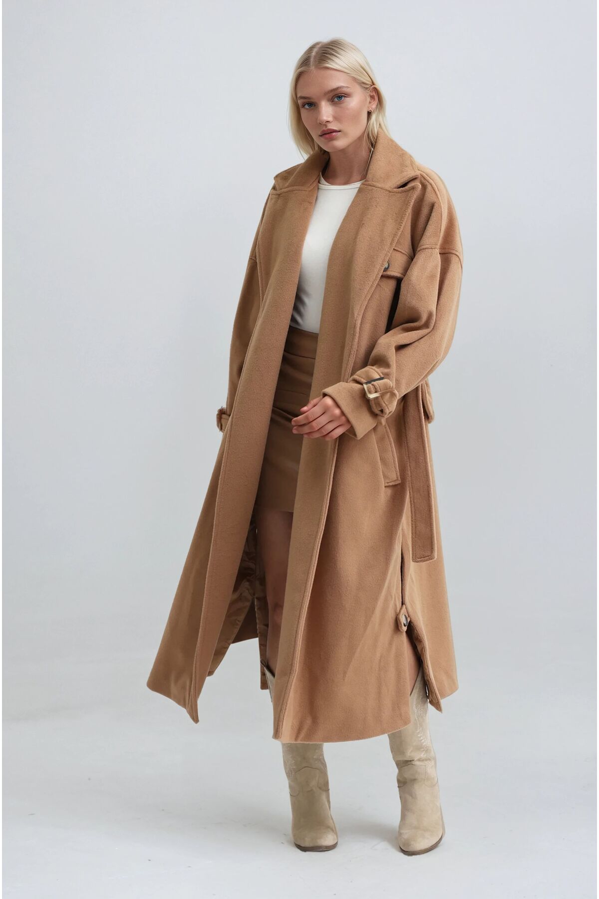 Lijuri  Bej Yaka Cep Detaylı Kuşaklı Kaşe Kaban 7099 R10-F-K1 - Görsel 2