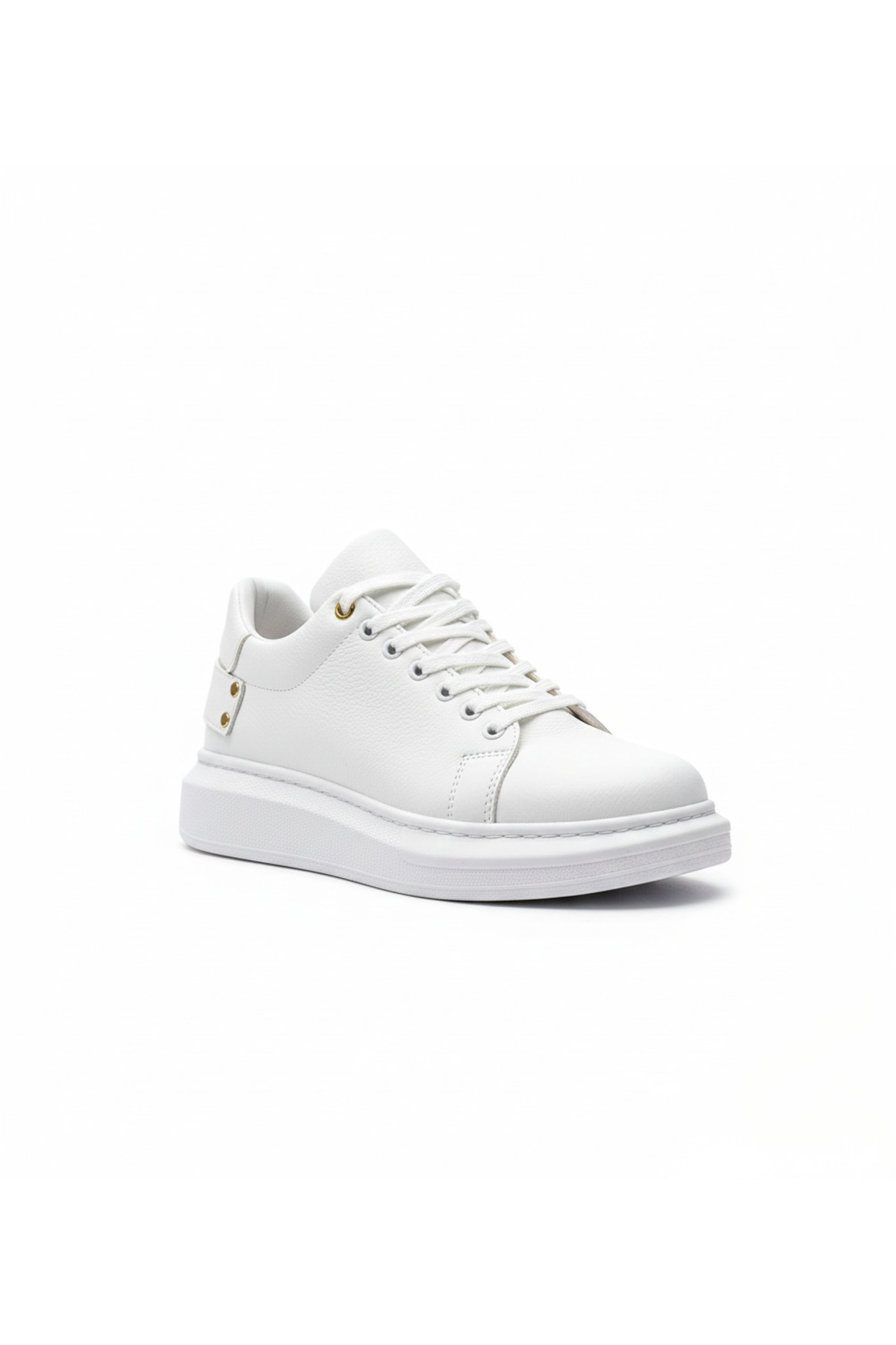 White Skin Leather Thick Sole Gold Detailed Men's Sneaker - Breathable Sports Shoes KB047