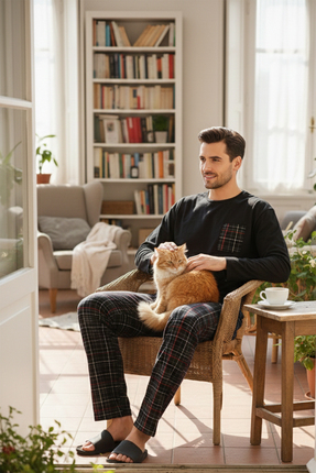 Buratti Ekoseli Cepli Beli Lastikli % 100 Pamuk Regular Fit Pijama Takımı Erk...