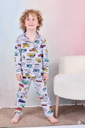 TUGSE Düğmeli Erkek Çocuk Arabalı Pijama Takım