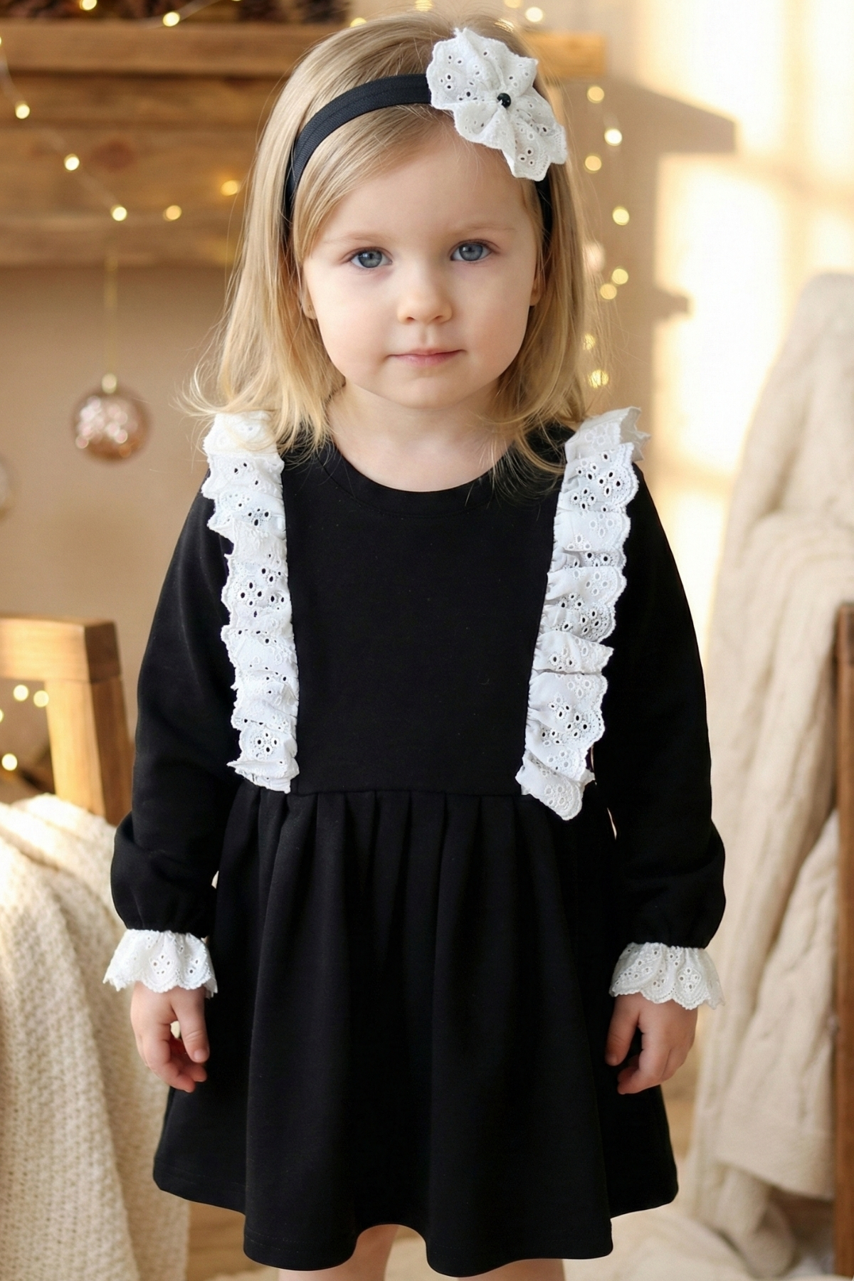 Parla Kids Kız Çocuk Elena Siyah Uzun Kollu Bisiklet Yaka Fisto Dantel Detaylı Elbise Saç Bandı Takım fotoğrafı 6 (önizleme)