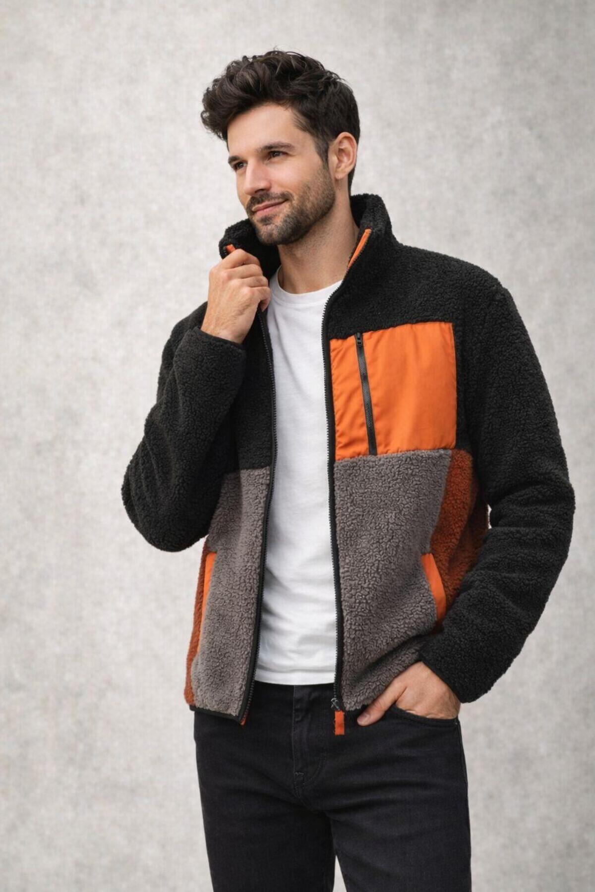 Polo State  Erkek Fermuarlı Dik Yaka Parçalı Polar Ceket Siyah - Görsel 3