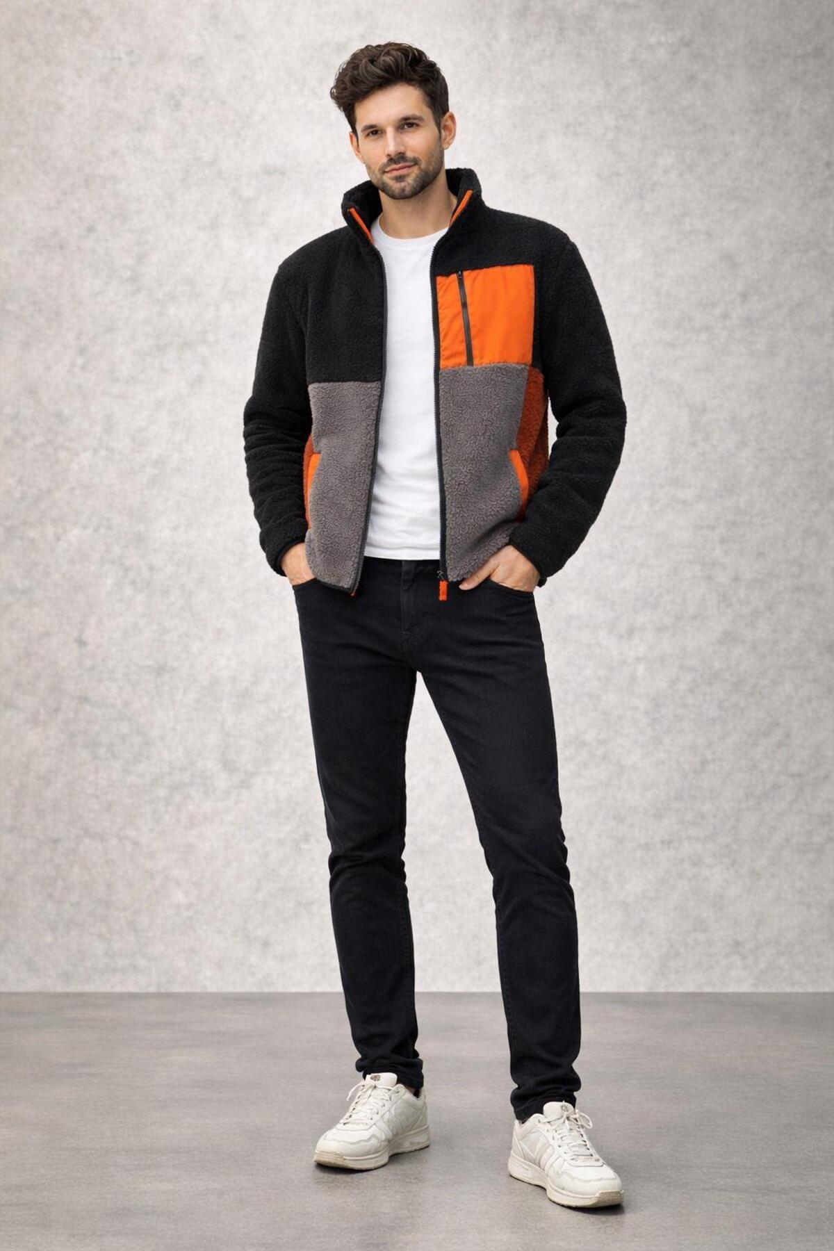 Polo State  Erkek Fermuarlı Dik Yaka Parçalı Polar Ceket Siyah - Görsel 4